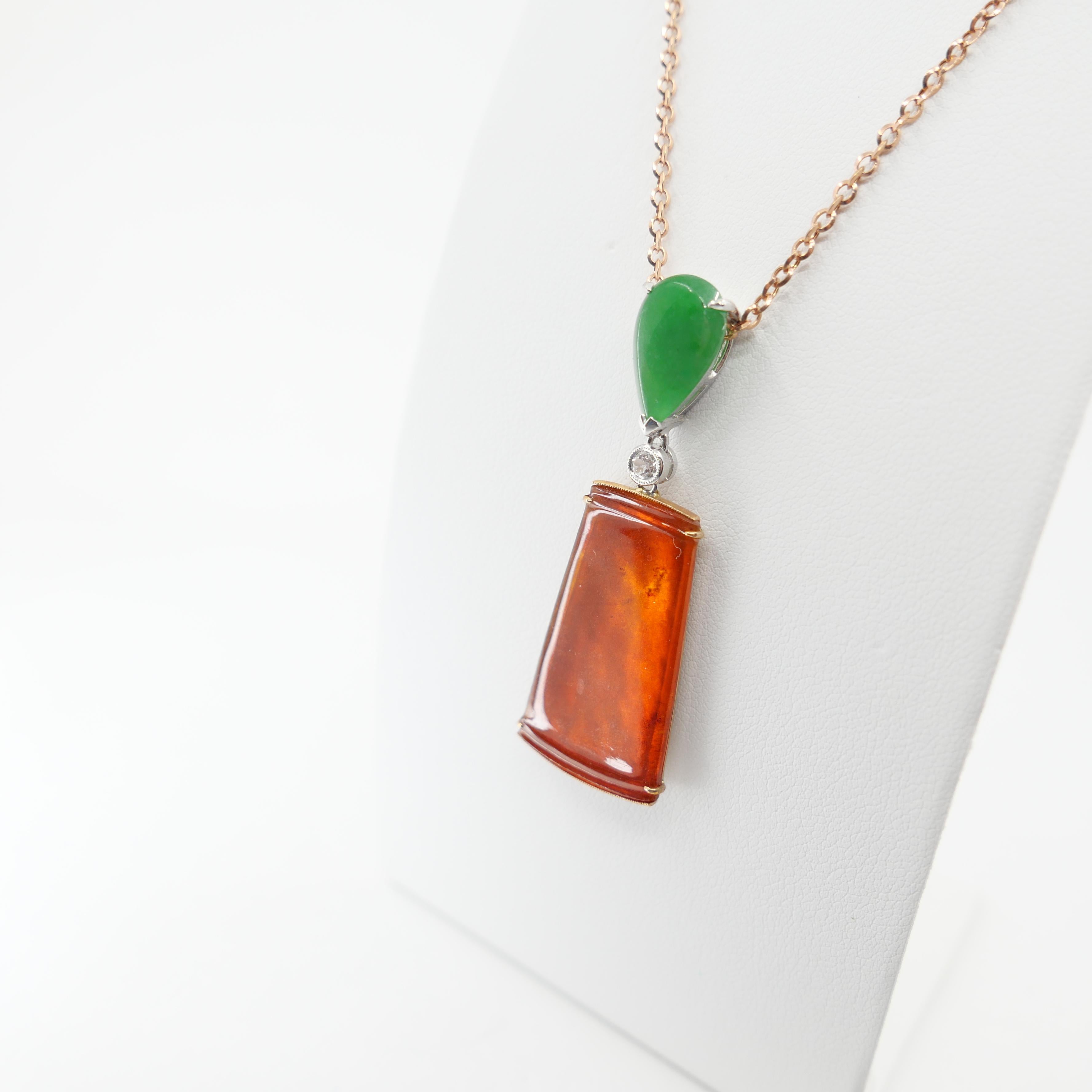 Certified Natural Jadeite Jade & Diamond Pendant Drop Necklace. 18K Rose Gold For Sale 9