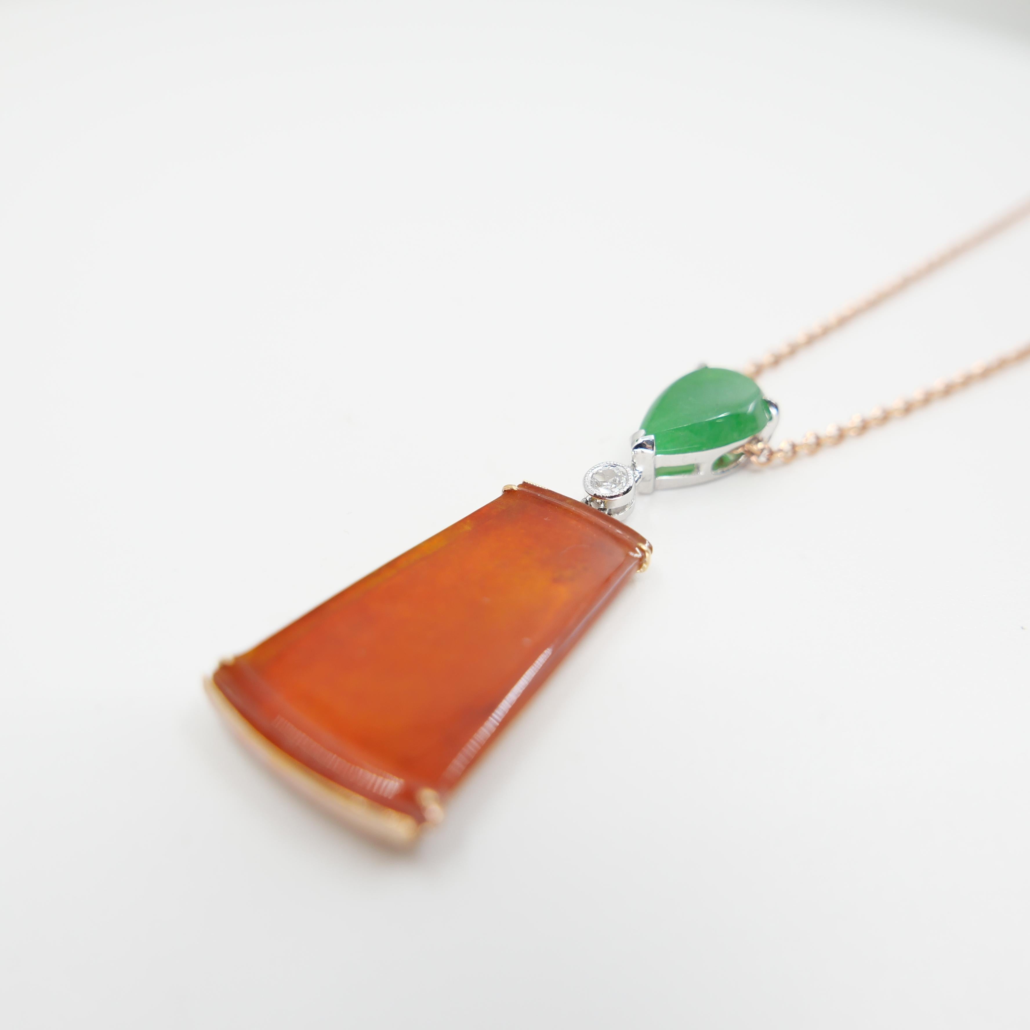 Women's Certified Natural Red & Apple Green Jade & Diamond Drop Pendant Necklace. For Sale