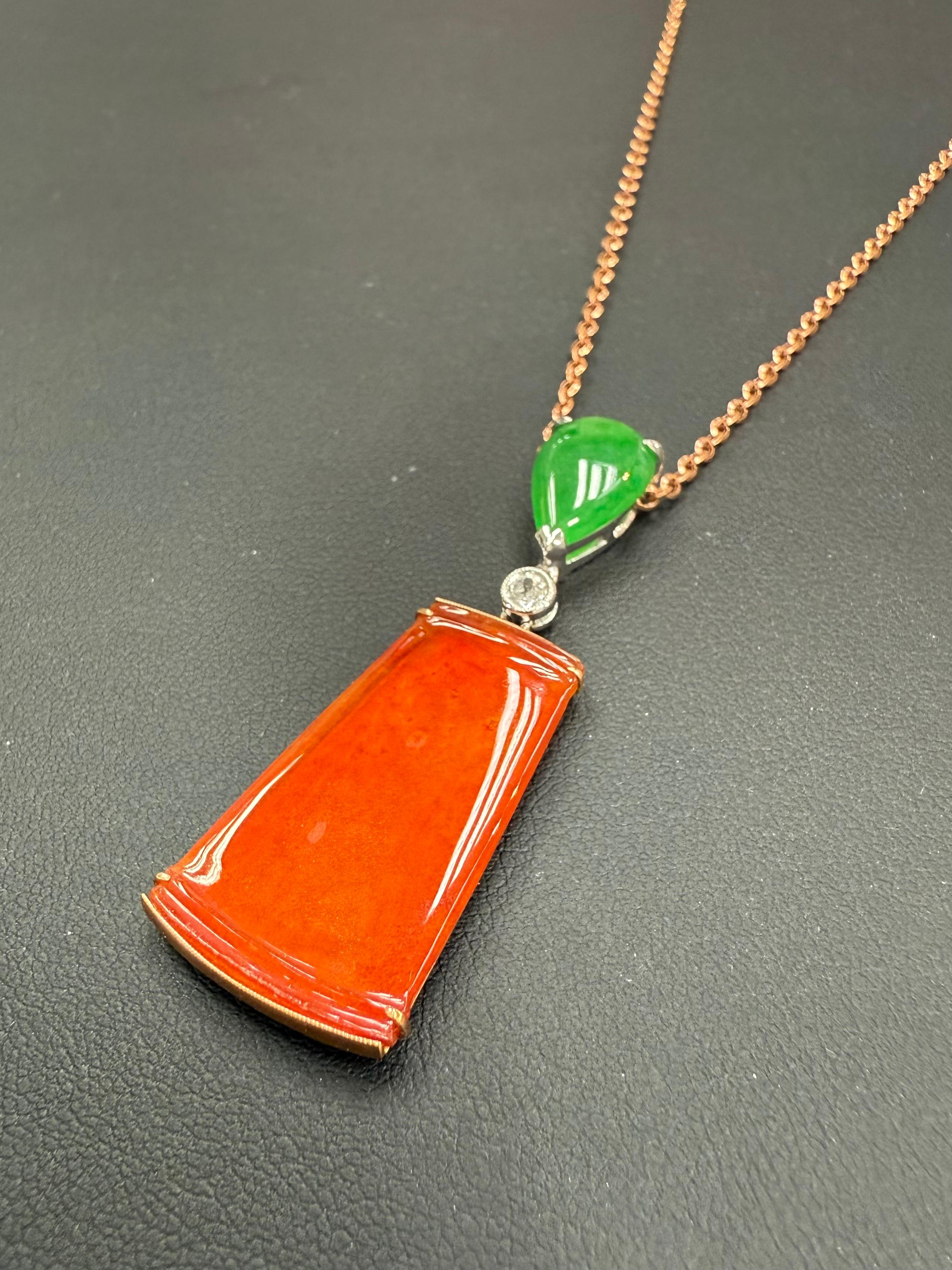 Certified Natural Red & Apple Green Jade & Diamond Drop Pendant Necklace. For Sale 1