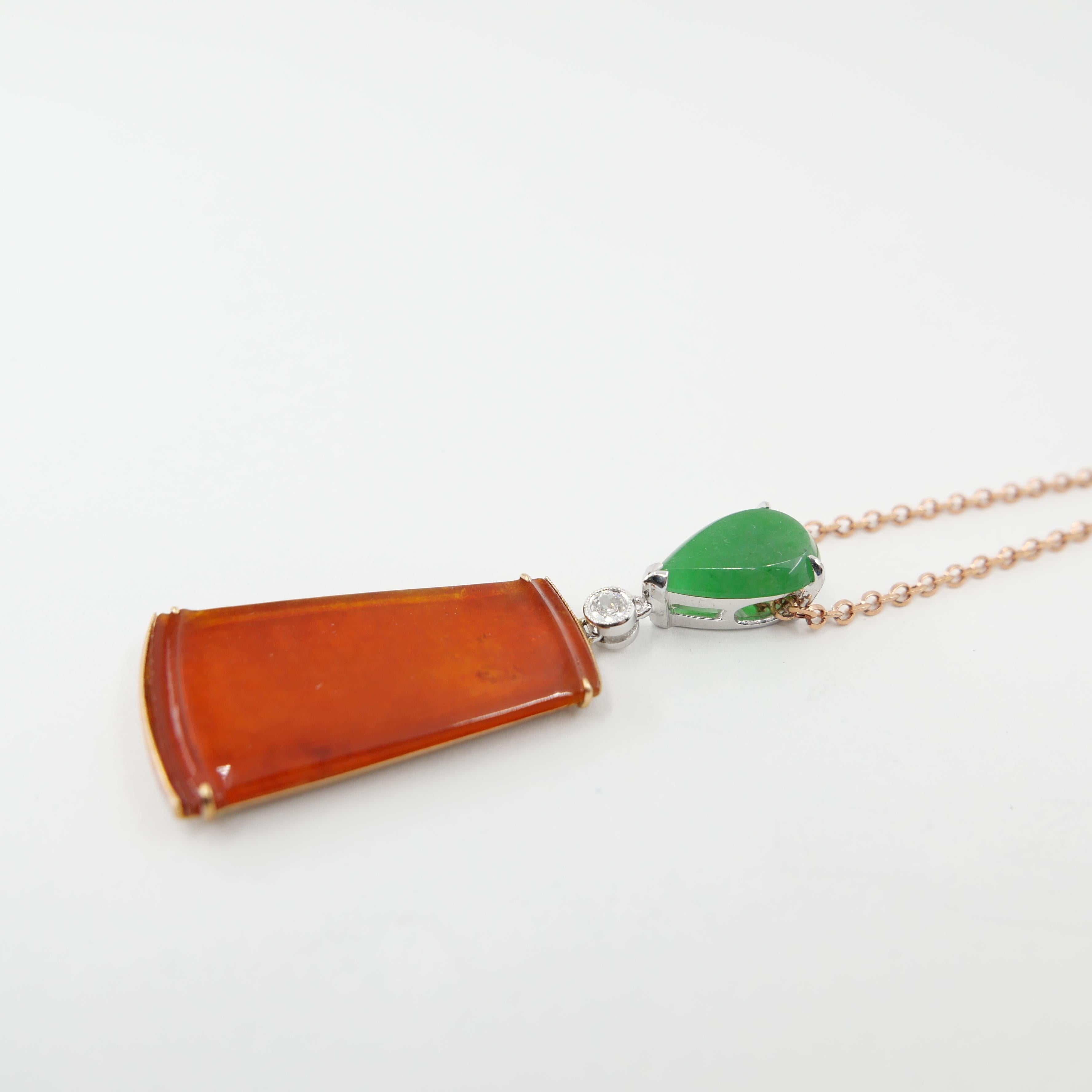 Certified Natural Jadeite Jade & Diamond Pendant Drop Necklace. 18K Rose Gold For Sale 12