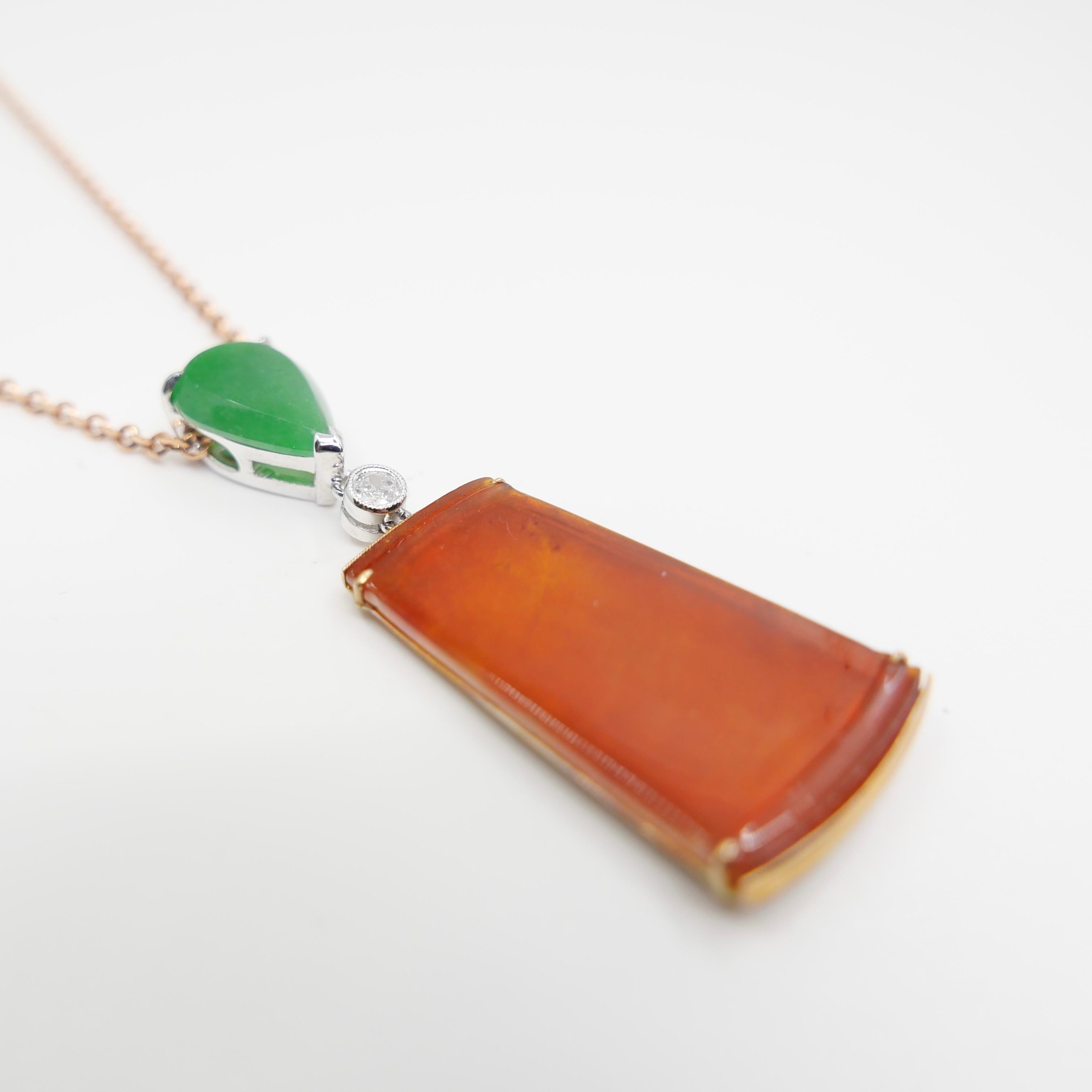 Certified Natural Red & Apple Green Jade & Diamond Drop Pendant Necklace. For Sale 3
