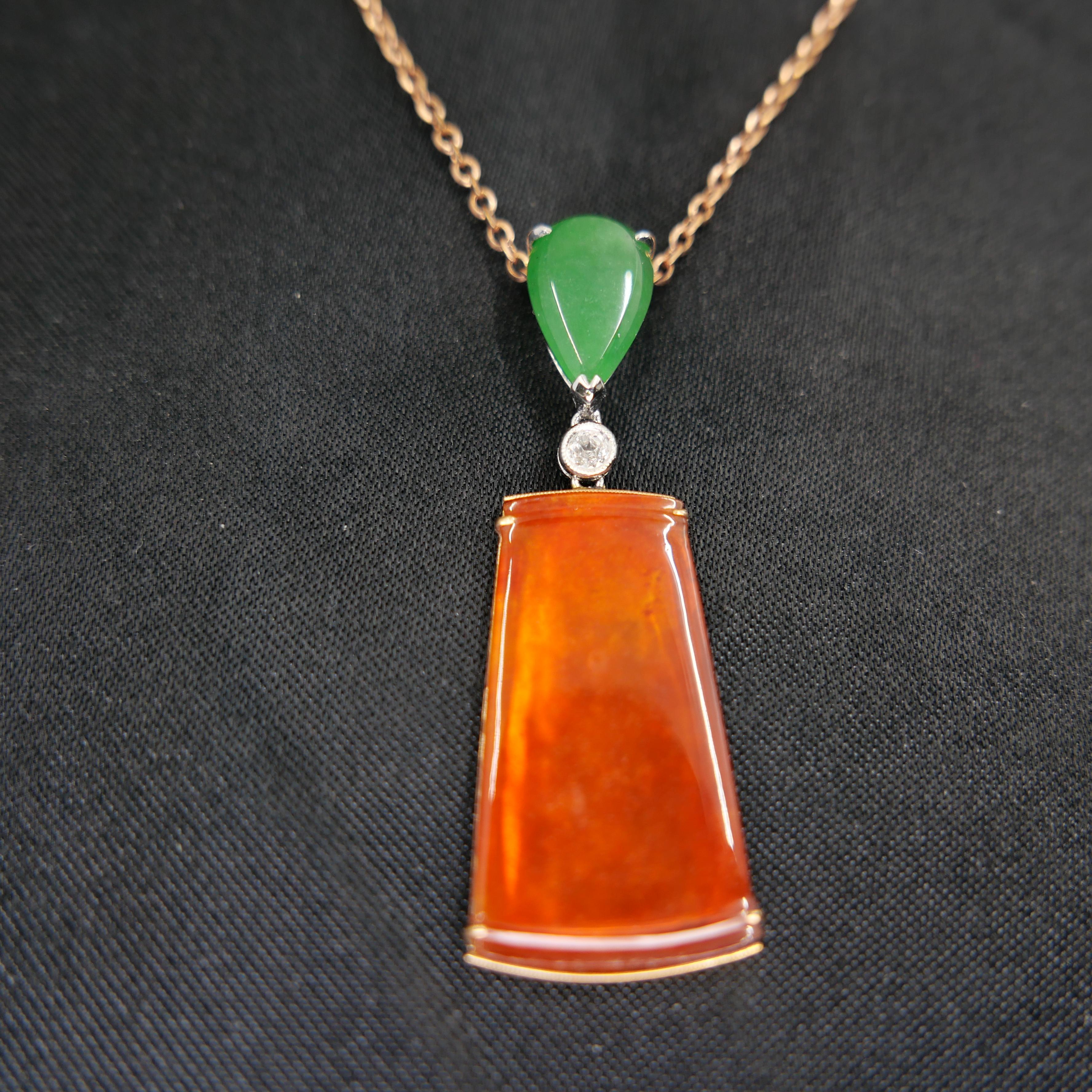 Certified Natural Red & Apple Green Jade & Diamond Drop Pendant Necklace. For Sale 4