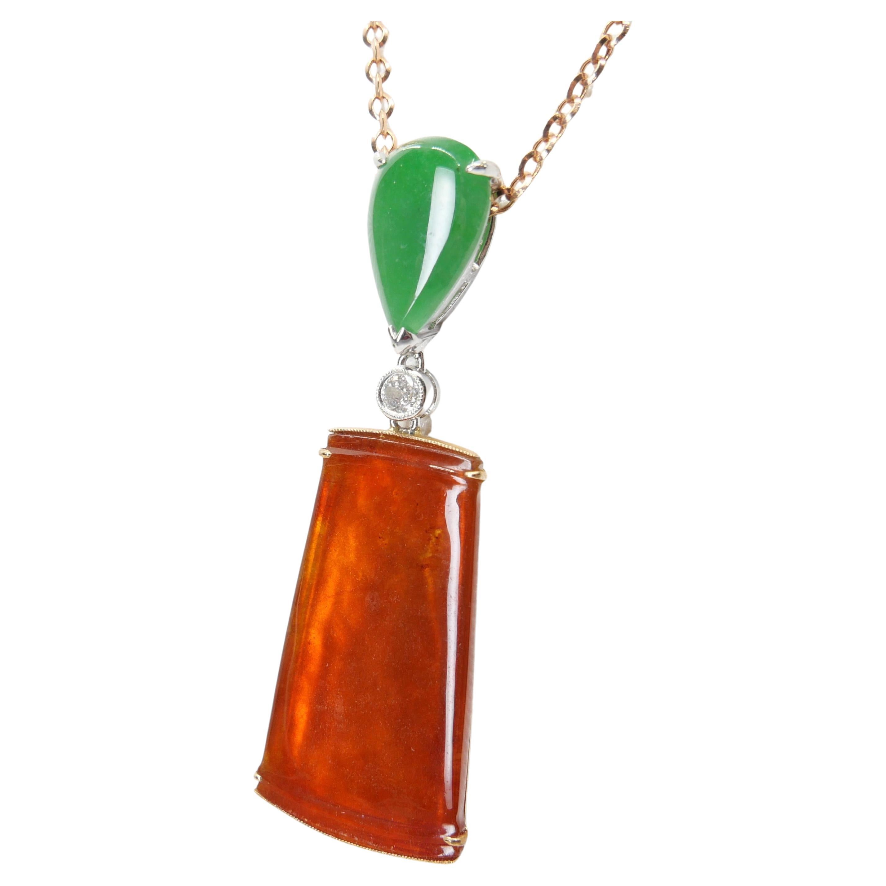 Certified Natural Red & Apple Green Jade & Diamond Drop Pendant Necklace.