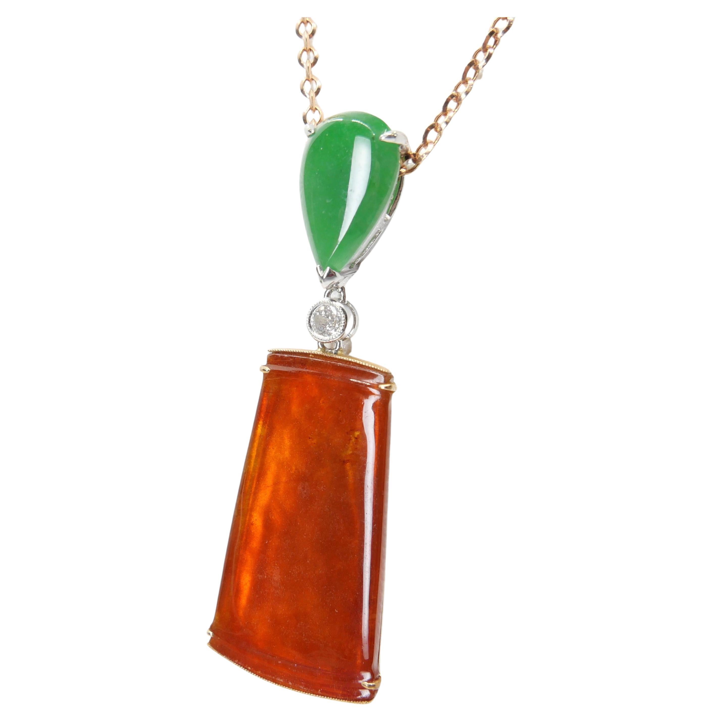 Certified Natural Jadeite Jade & Diamond Pendant Drop Necklace. 18K Rose Gold