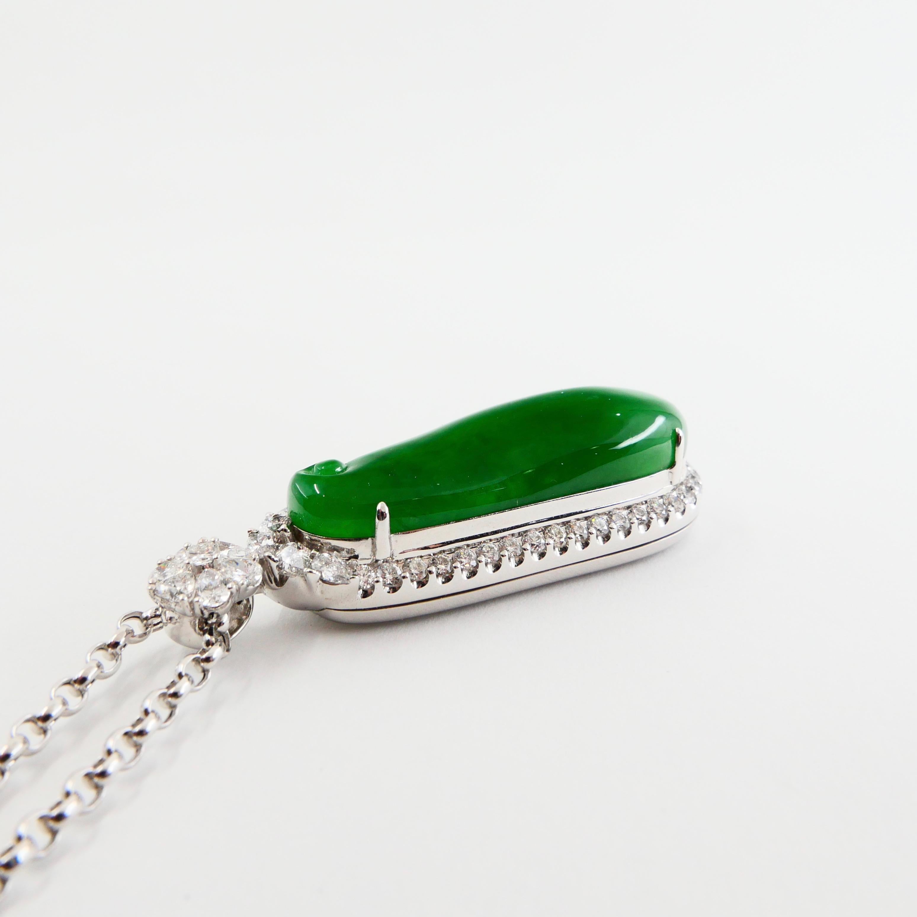 Certified Jade & Diamond Statement Pendant. Imperial Green Color & Substantial.  For Sale 7