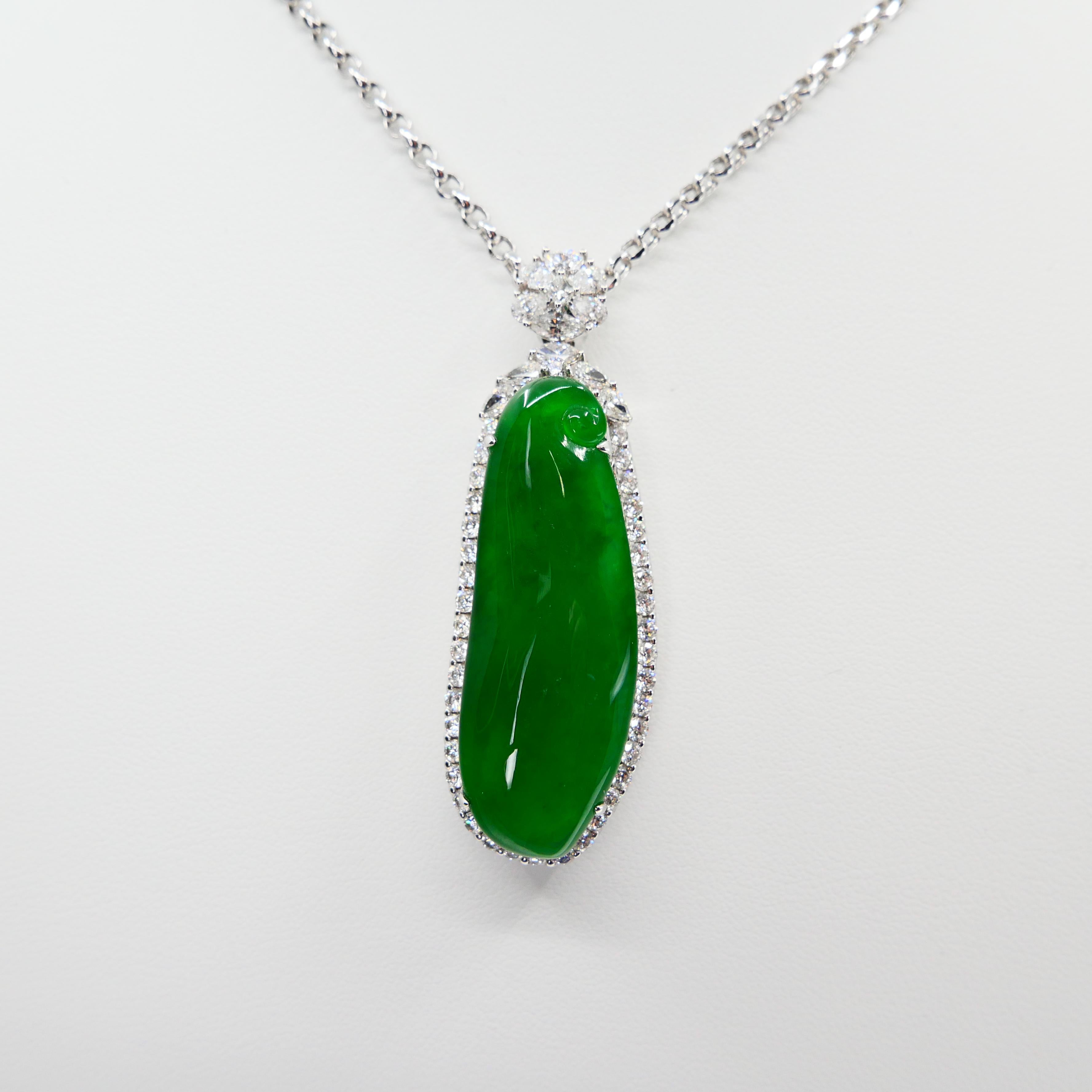Certified Jade & Diamond Statement Pendant. Imperial Green Color & Substantial.  For Sale 9
