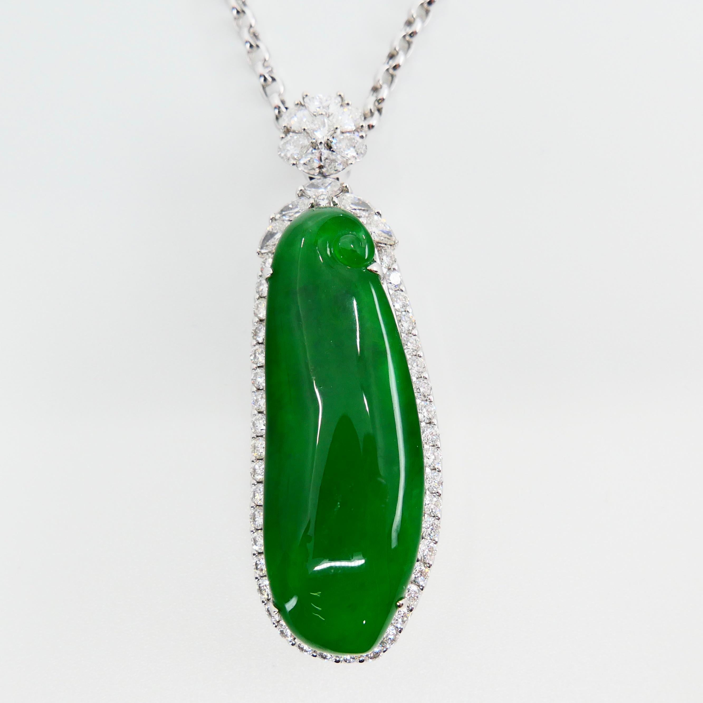 Certified Jade & Diamond Statement Pendant. Imperial Green Color & Substantial.  For Sale 10