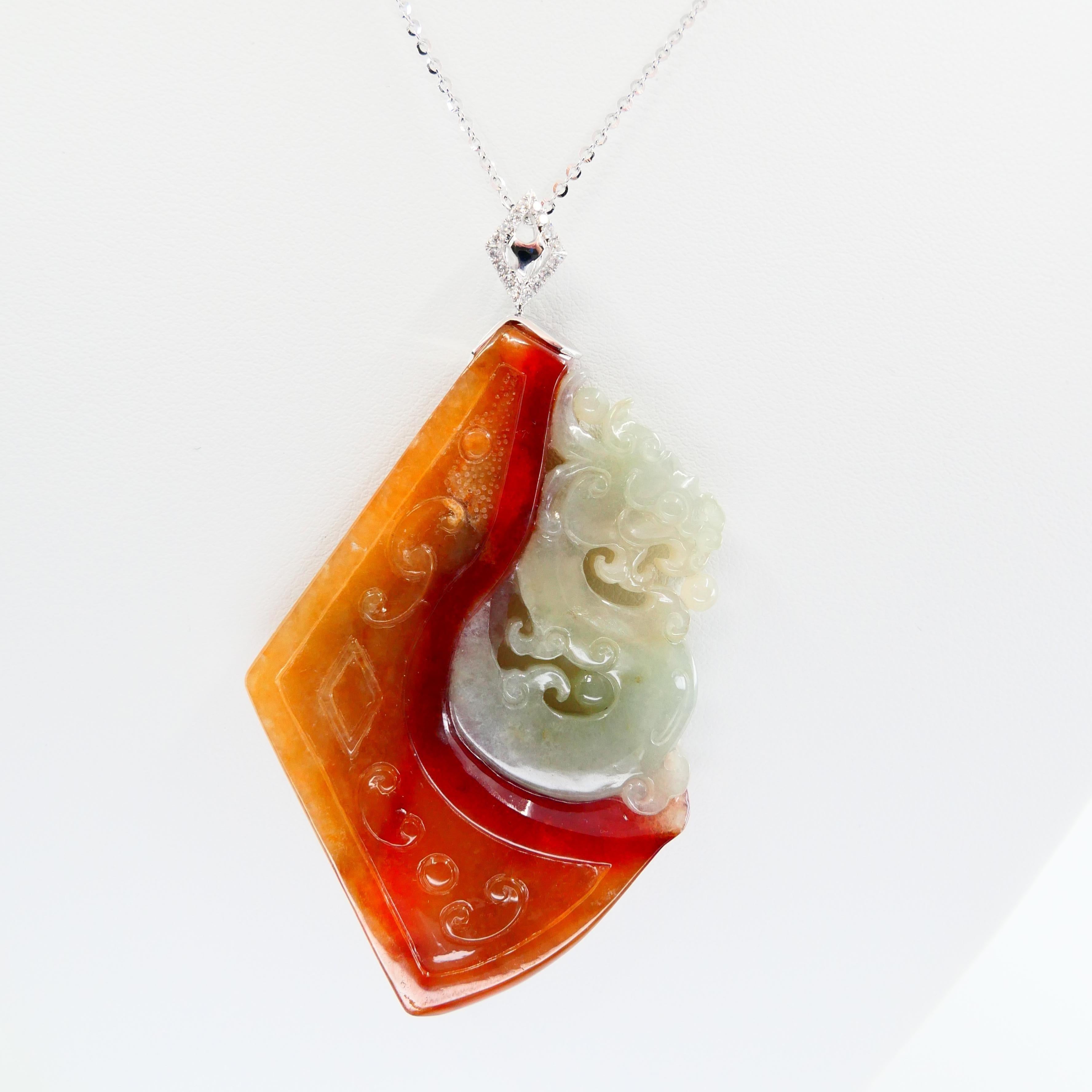 Certified Natural Jadeite Jade Diamond Pendant Necklace, Dragon Motif In New Condition For Sale In Hong Kong, HK
