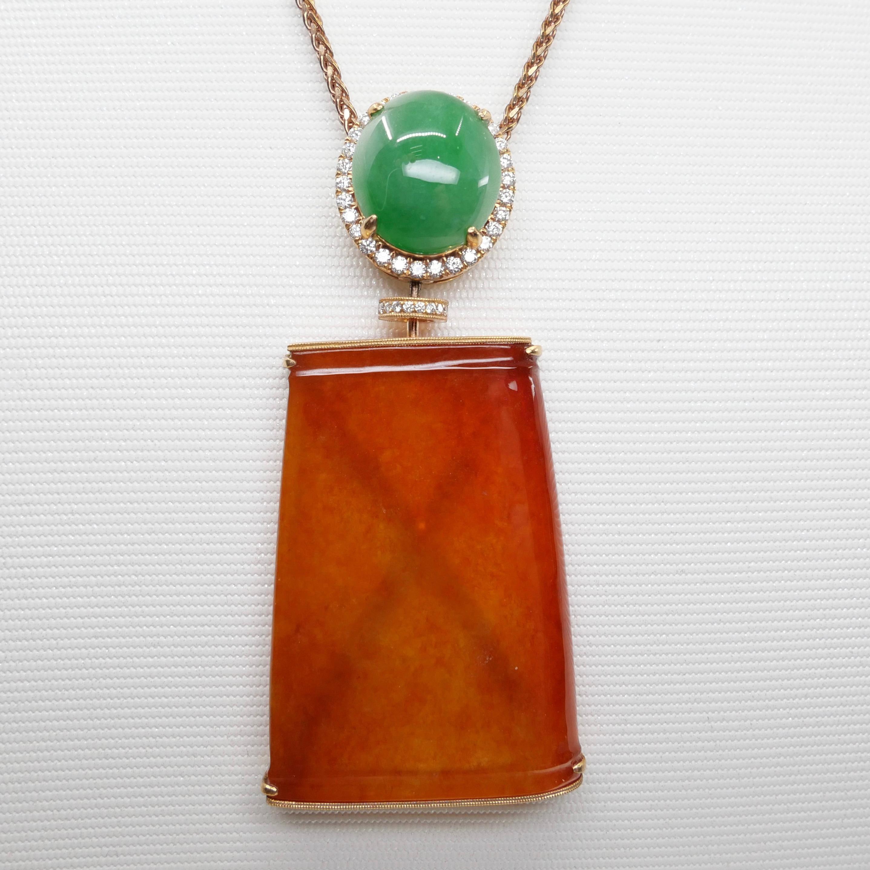 Certified Natural Red Jade & Diamond Pendant Necklace 18k Rose Gold. Reversible. For Sale 11