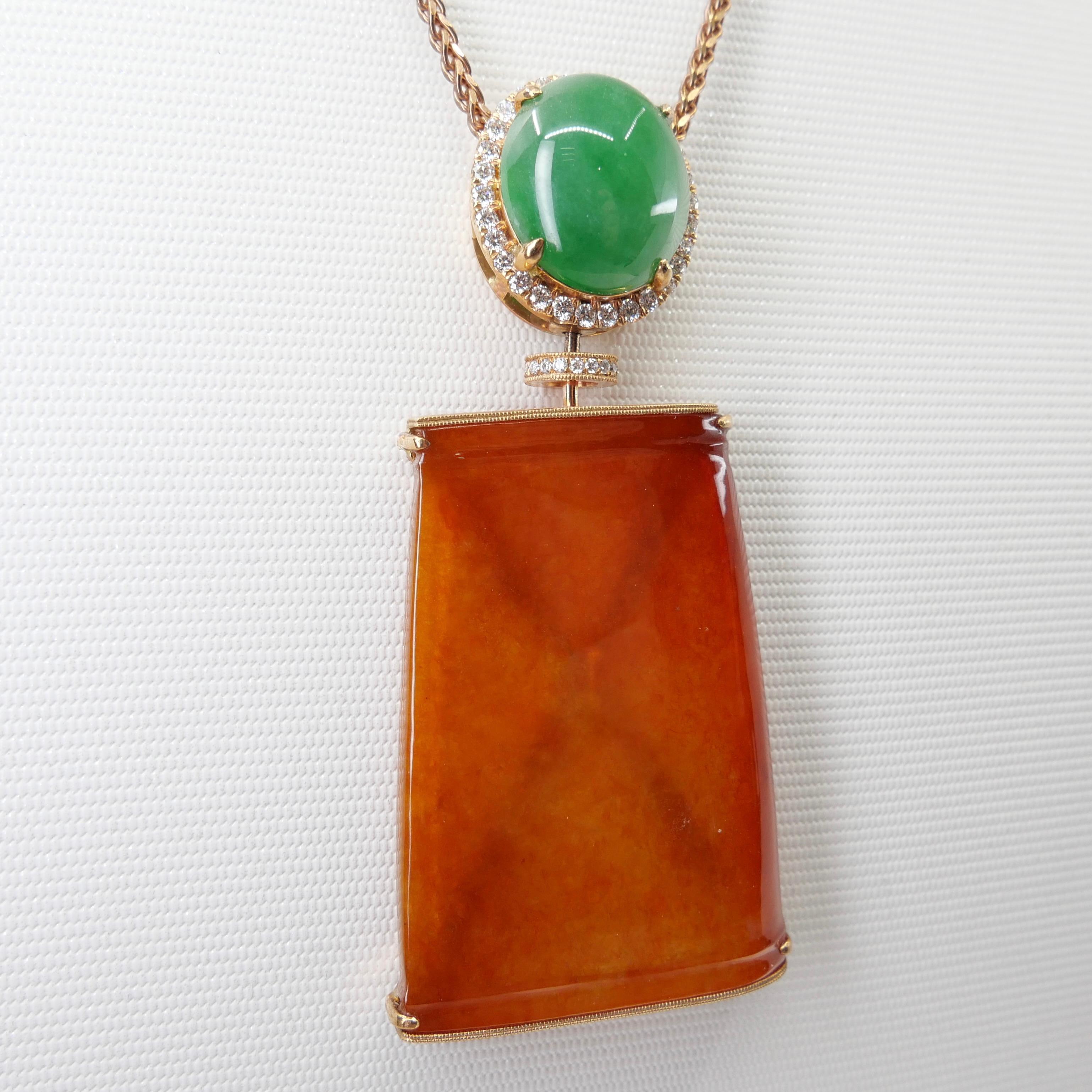 Certified Natural Red Jade & Diamond Pendant Necklace 18k Rose Gold. Reversible. For Sale 12