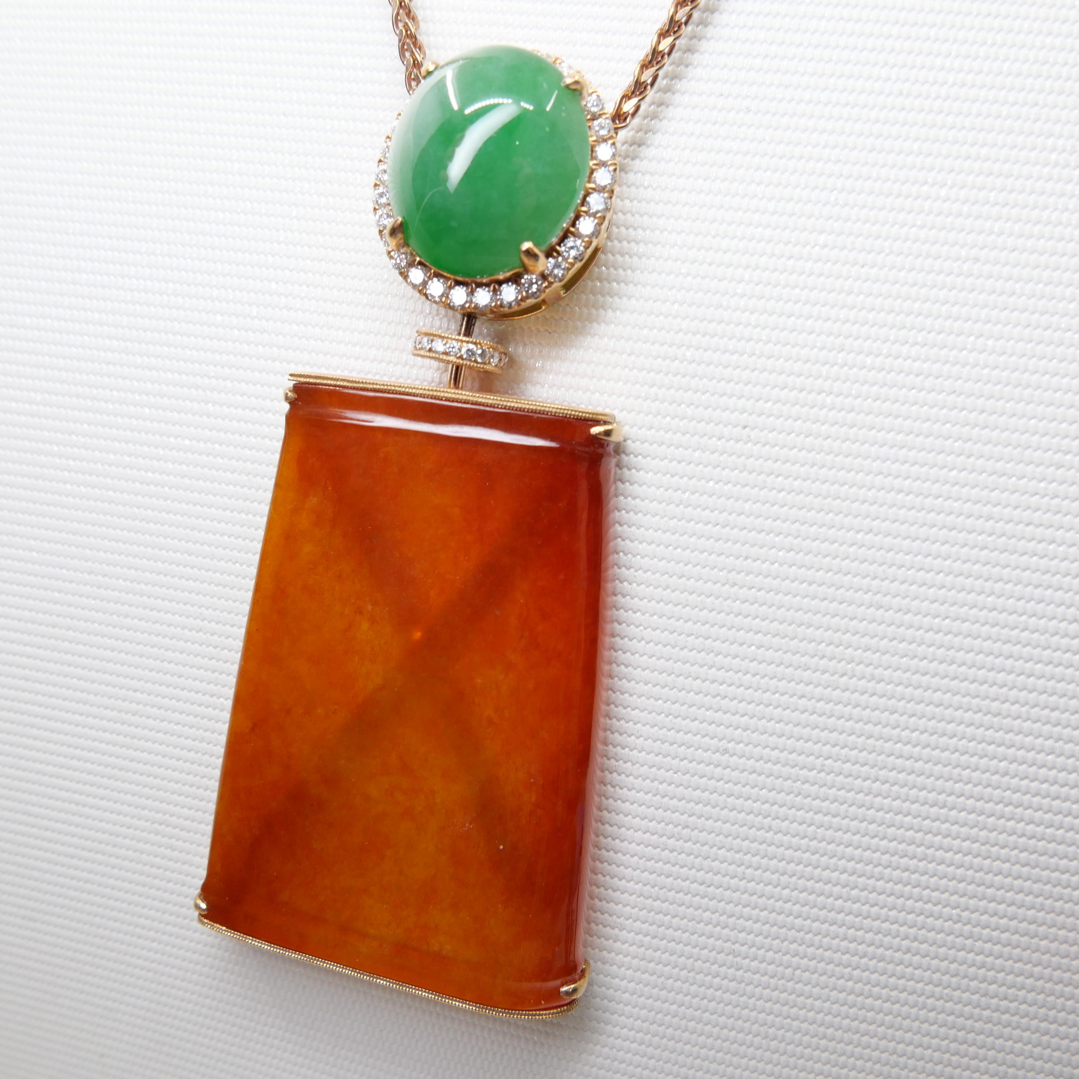 Certified Natural Red Jade & Diamond Pendant Necklace 18k Rose Gold. Reversible. For Sale 13