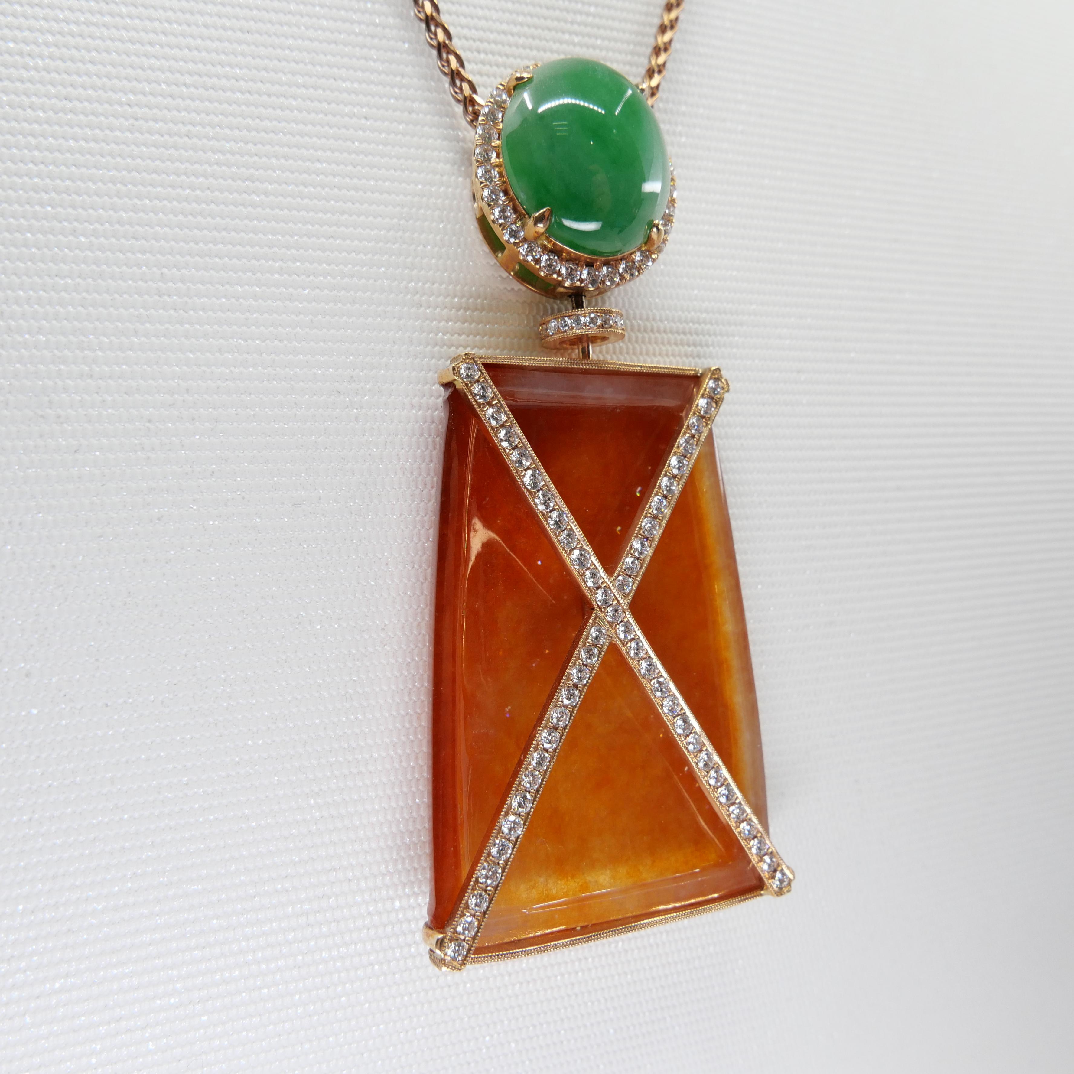 Certified Natural Red Jade & Diamond Pendant Necklace 18k Rose Gold. Reversible. For Sale 14