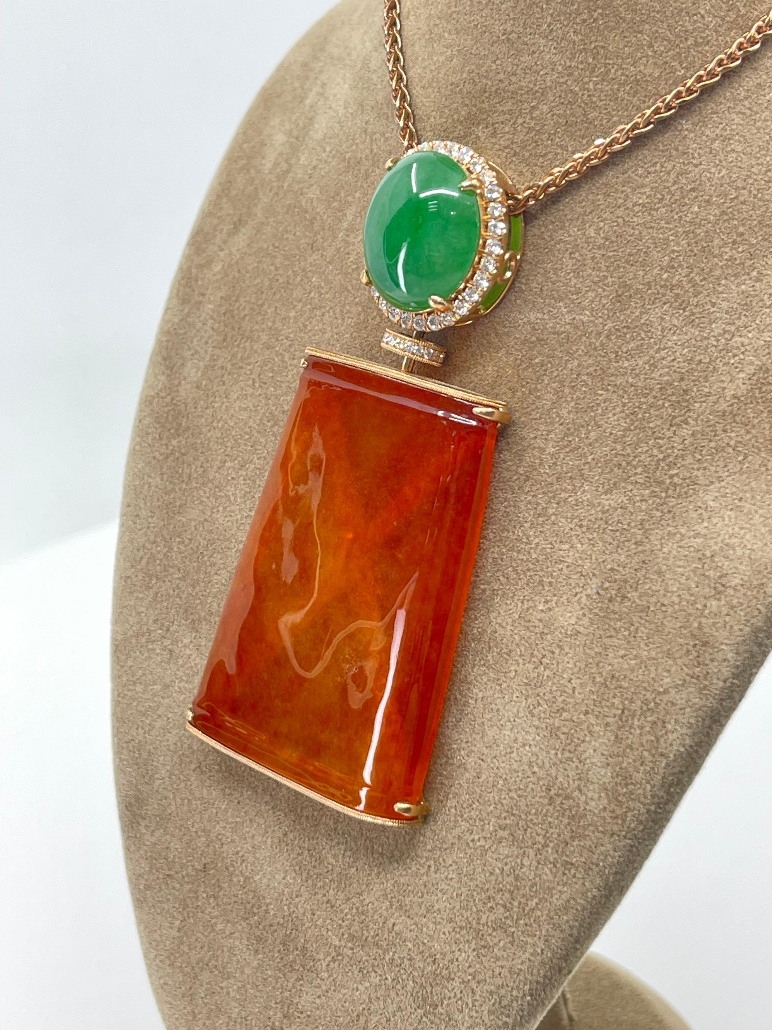 Certified Natural Red Jade & Diamond Pendant Necklace 18k Rose Gold. Reversible. For Sale 9
