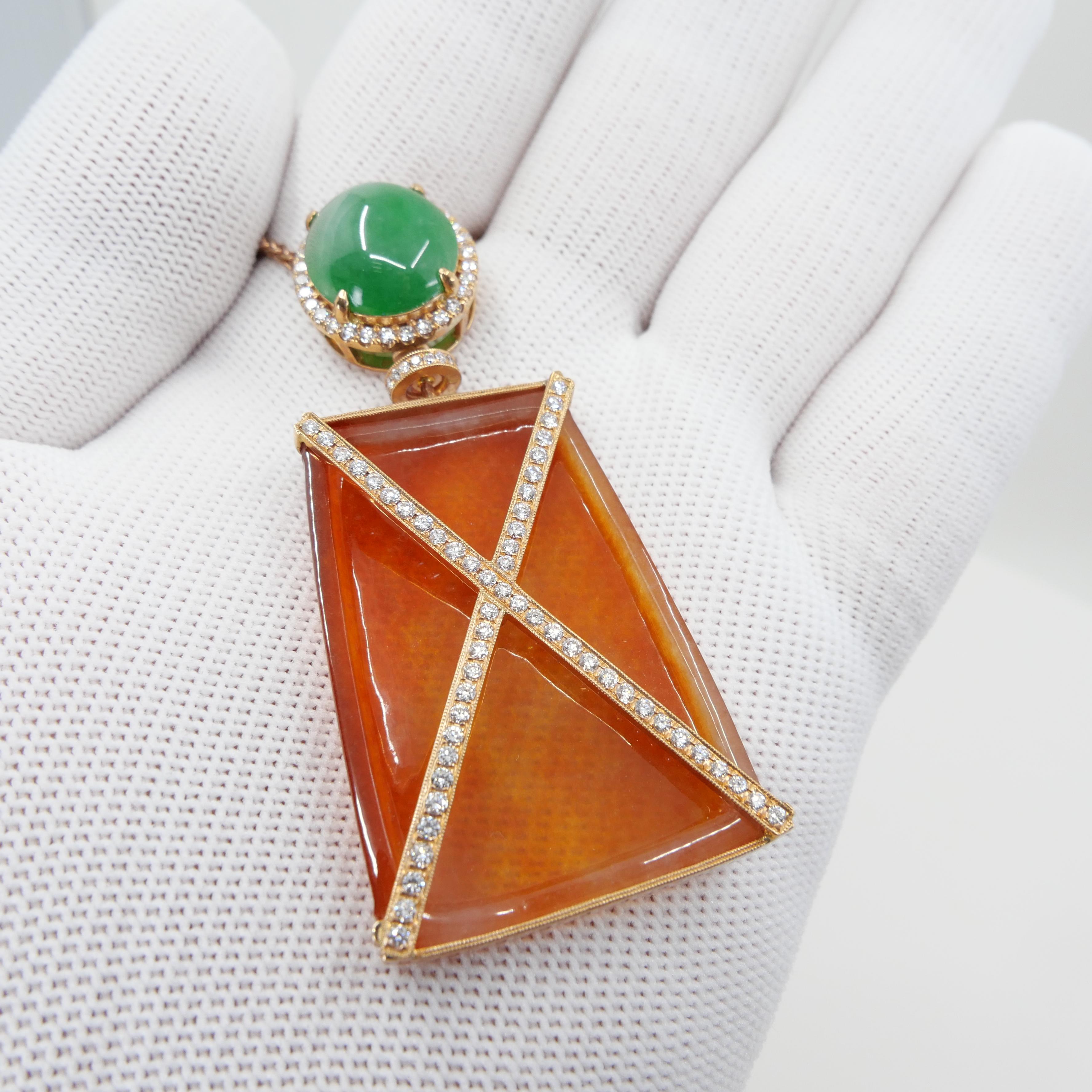 Certified Natural Red Jade & Diamond Pendant Necklace. Reversible & Substantial. For Sale 13