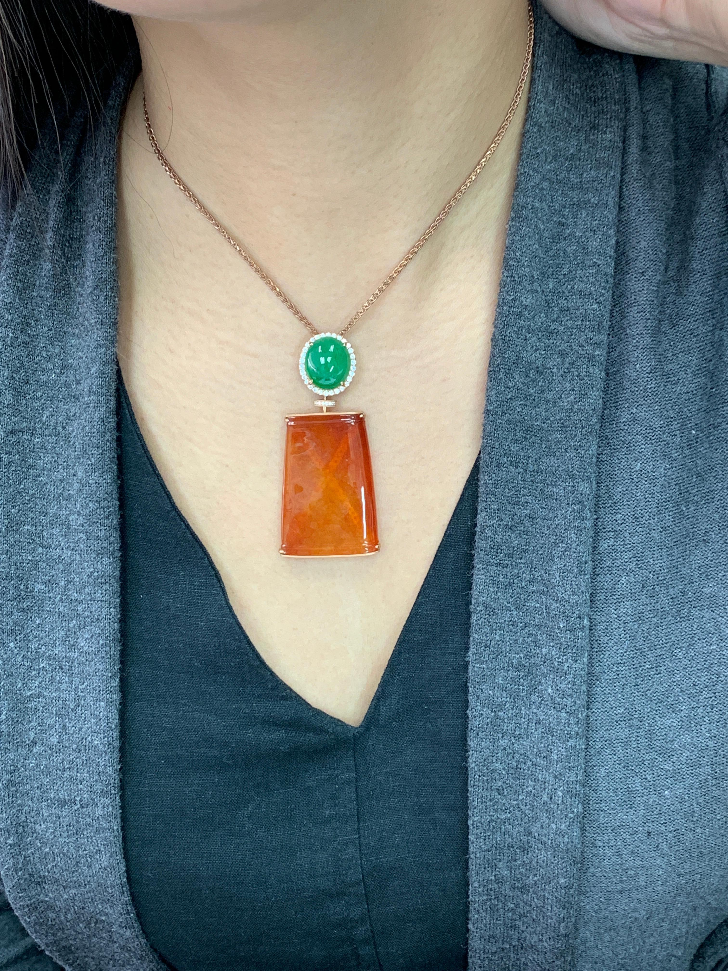 Rough Cut Certified Natural Red Jade & Diamond Pendant Necklace 18k Rose Gold. Reversible. For Sale