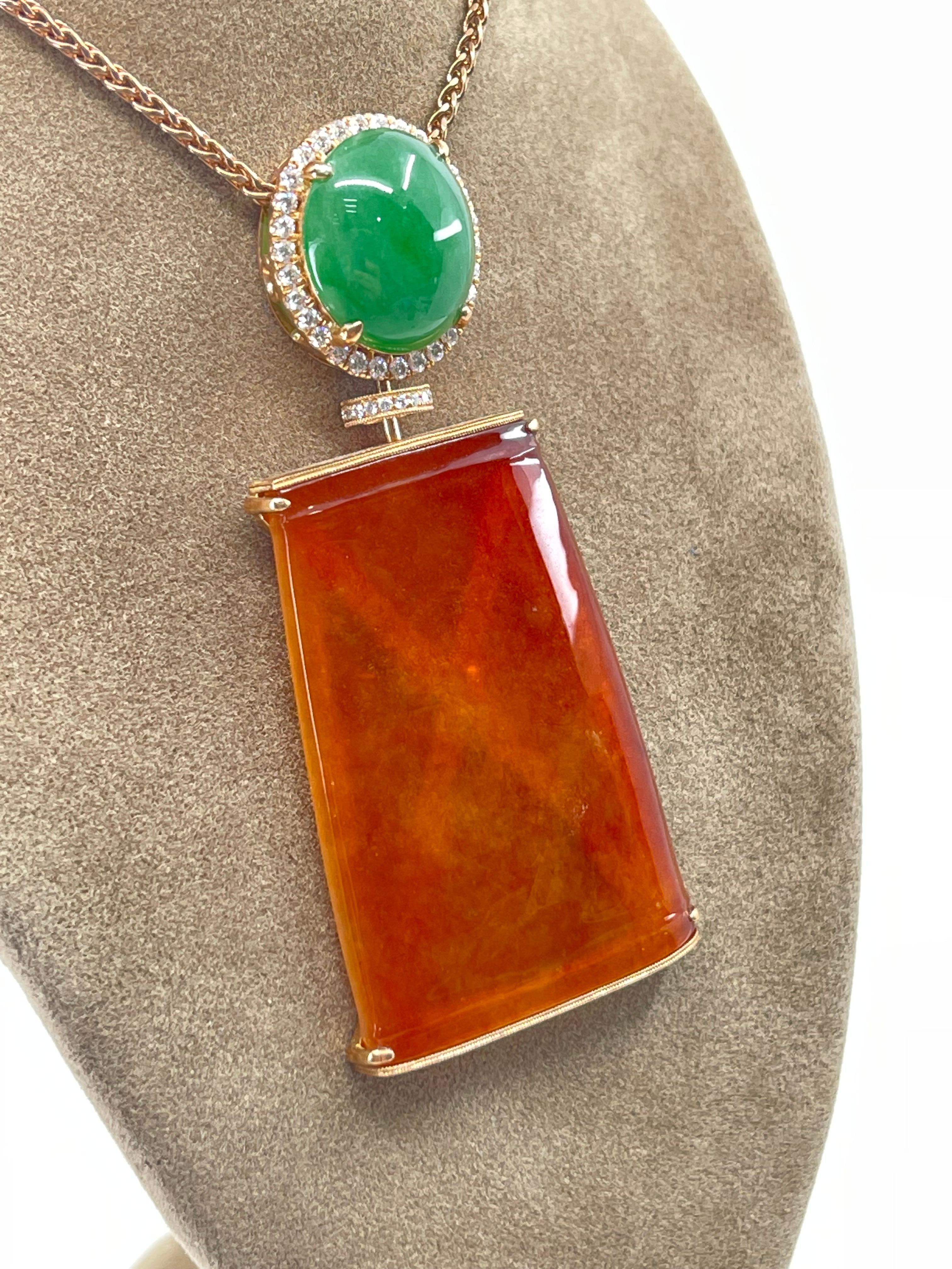 Certified Natural Red Jade & Diamond Pendant Necklace 18k Rose Gold. Reversible. For Sale 5