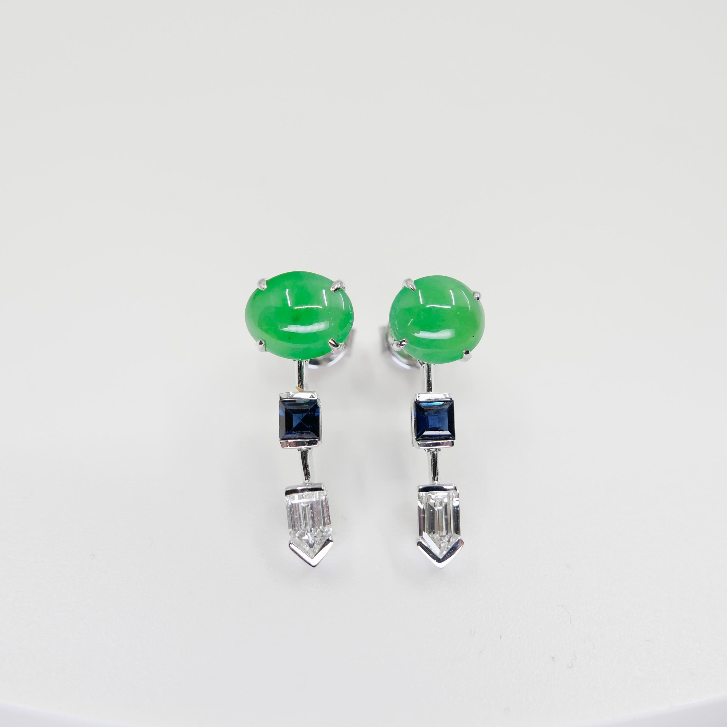 Pendientes de Jadeíta Natural Certificada, Diamante y Zafiro, Verde Manzana en venta 6