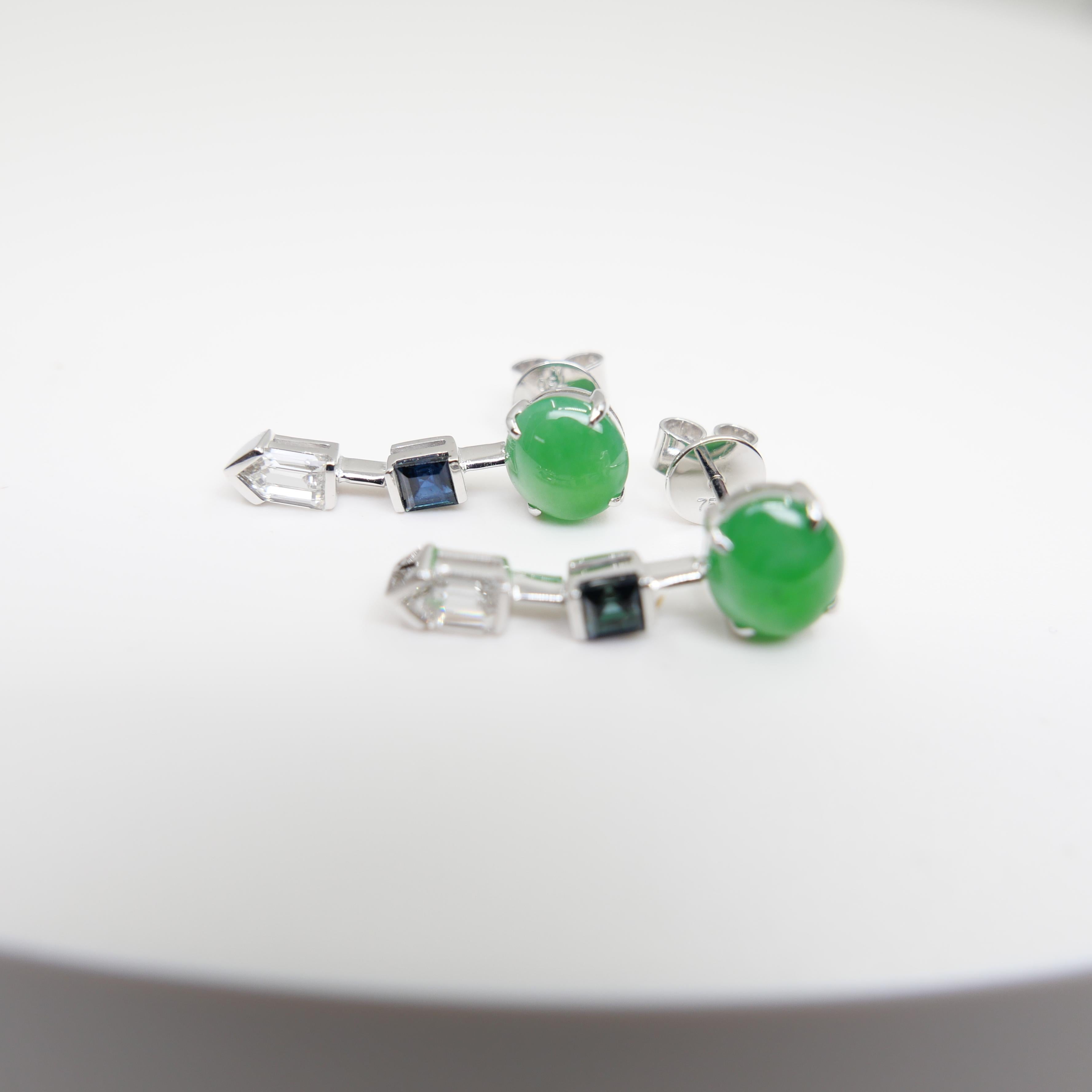 Pendientes de Jadeíta Natural Certificada, Diamante y Zafiro, Verde Manzana en venta 7