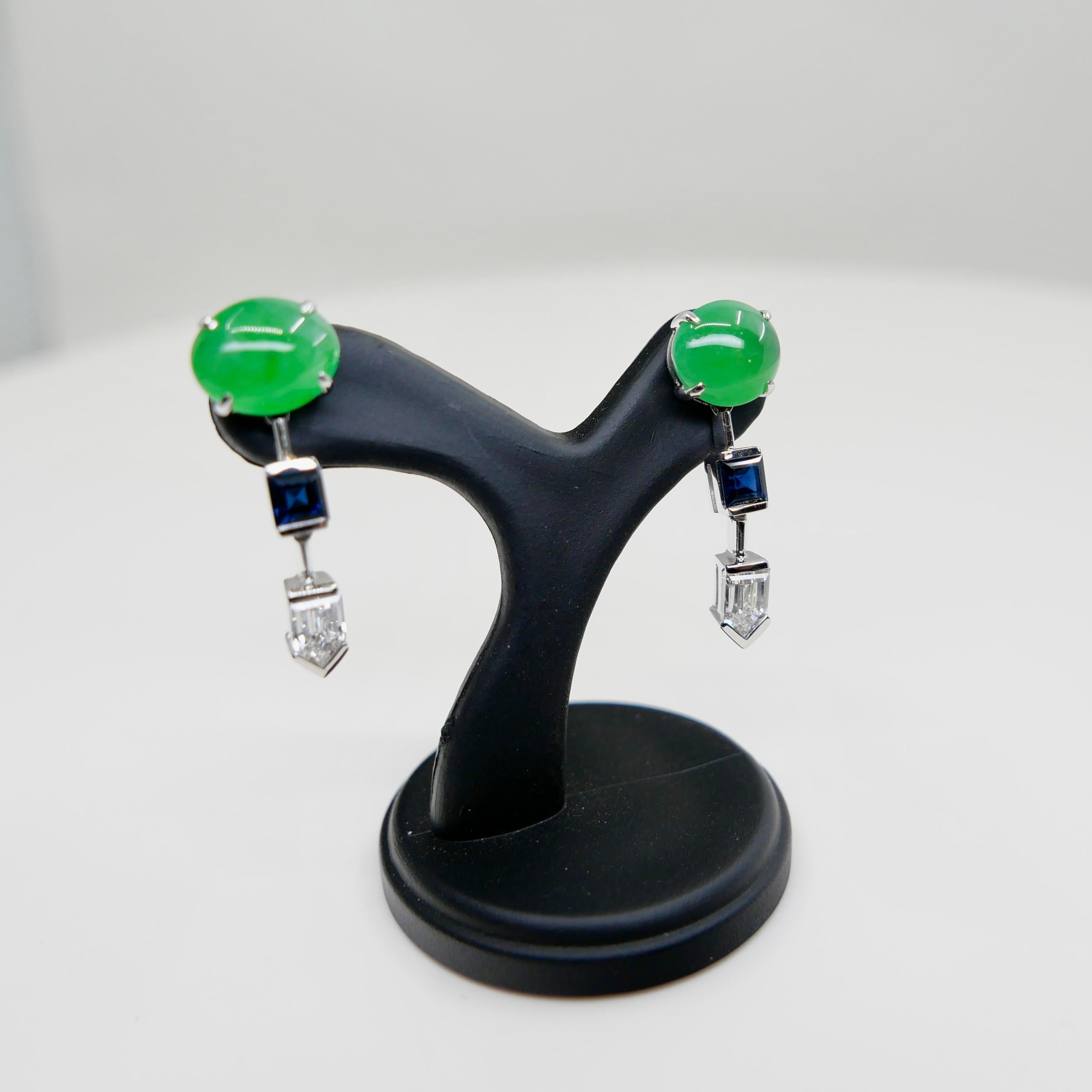 Pendientes de Jadeíta Natural Certificada, Diamante y Zafiro, Verde Manzana en venta 9