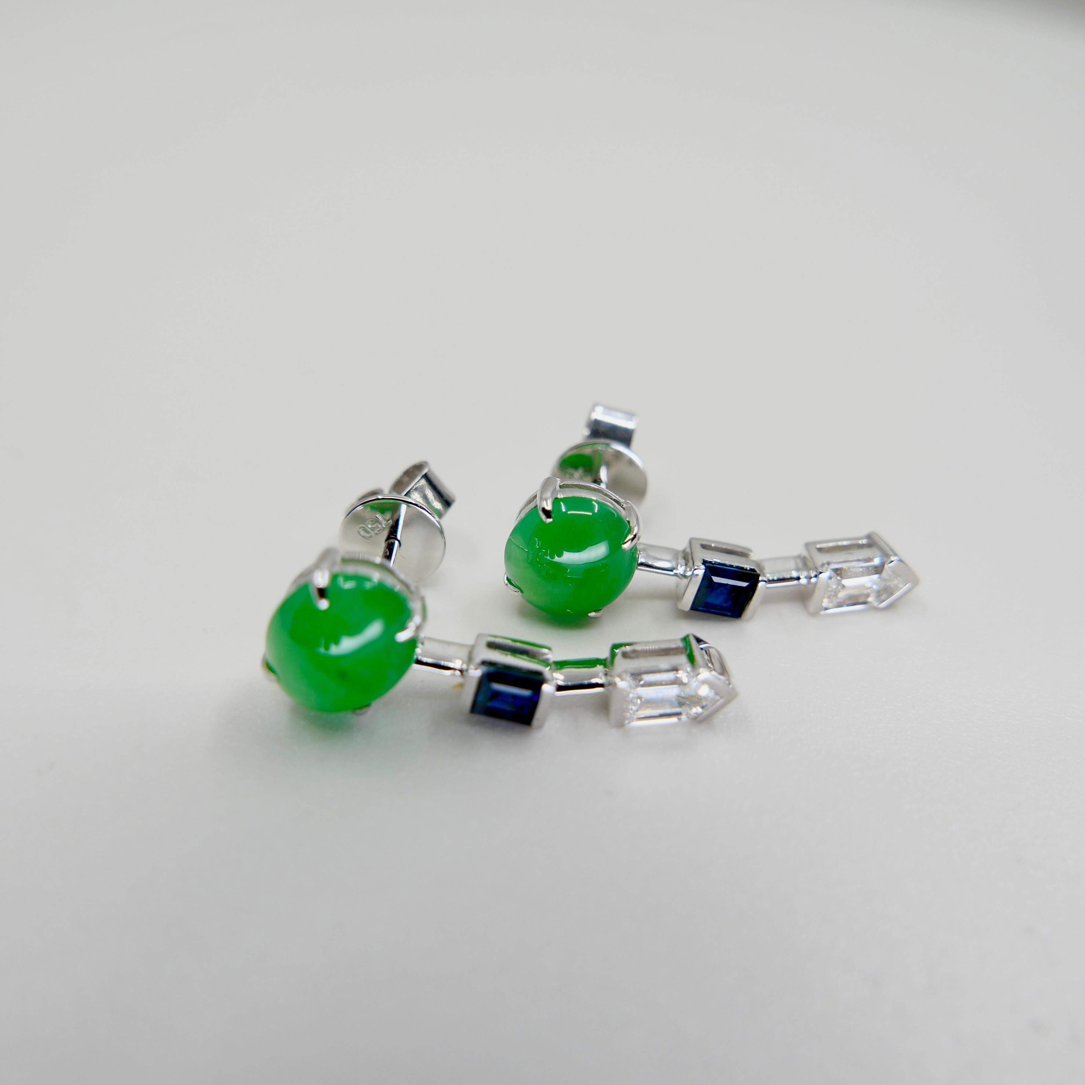 Pendientes de Jadeíta Natural Certificada, Diamante y Zafiro, Verde Manzana en venta 10