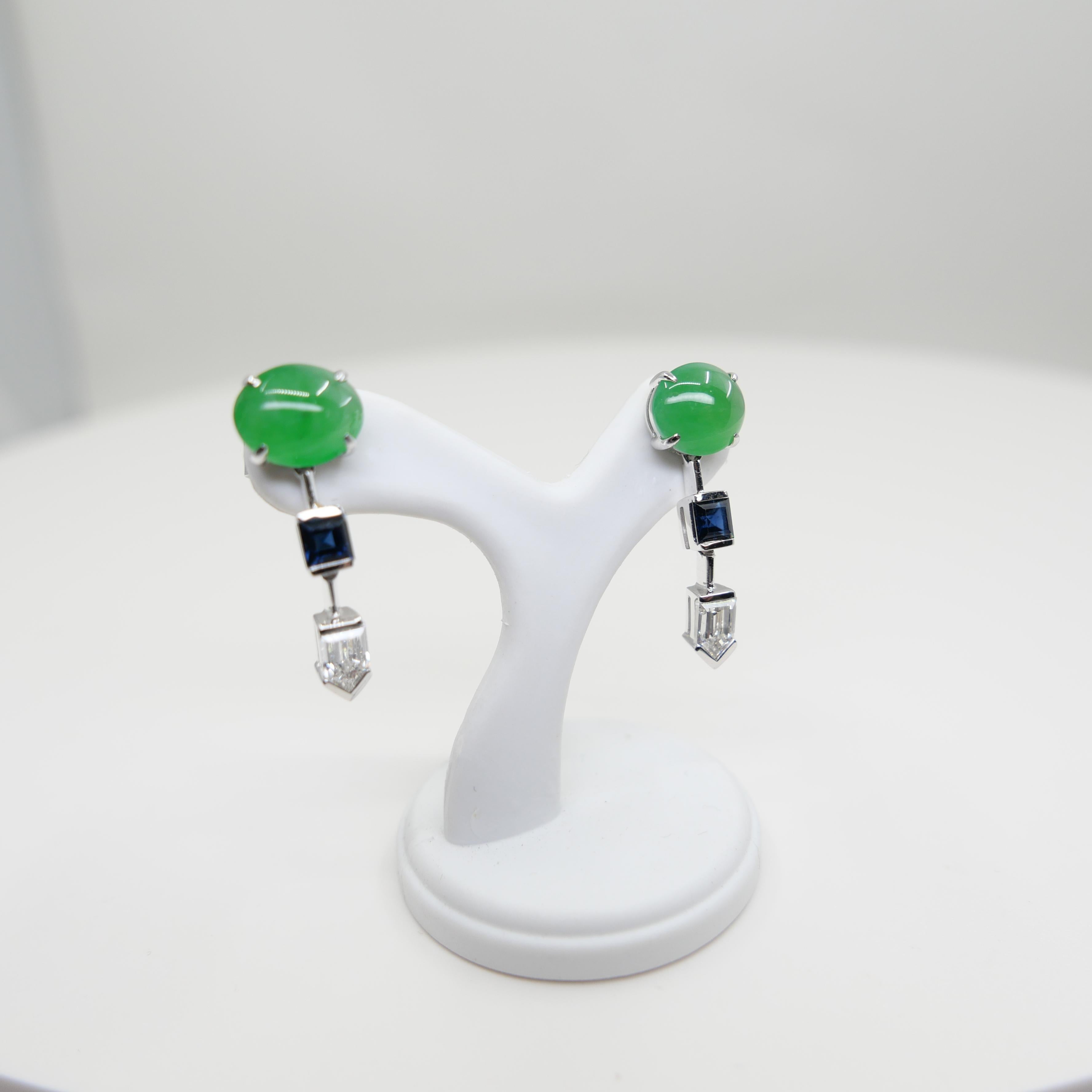 Pendientes de Jadeíta Natural Certificada, Diamante y Zafiro, Verde Manzana en venta 11