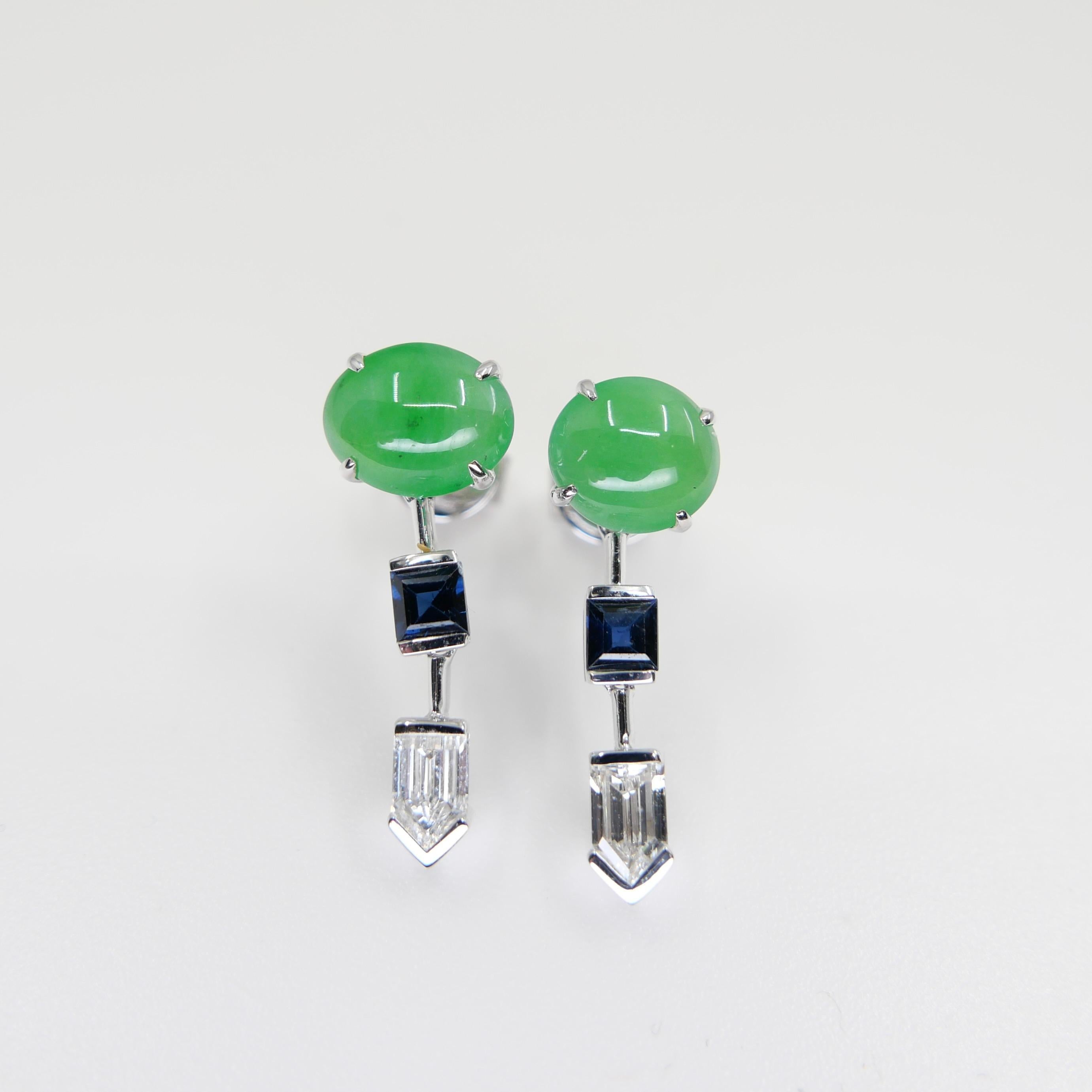 Pendientes de Jadeíta Natural Certificada, Diamante y Zafiro, Verde Manzana en venta 12