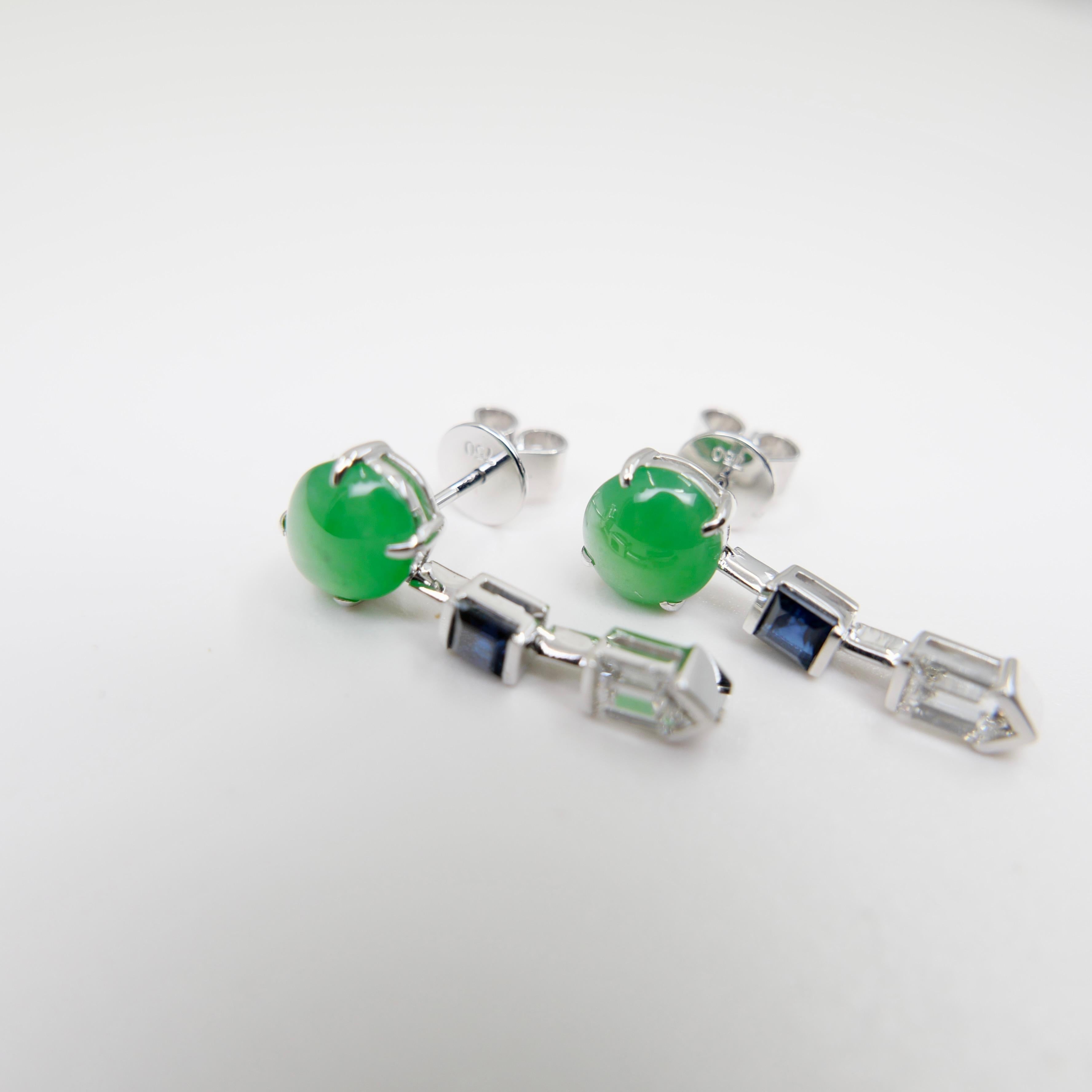 Pendientes de Jadeíta Natural Certificada, Diamante y Zafiro, Verde Manzana en venta 13