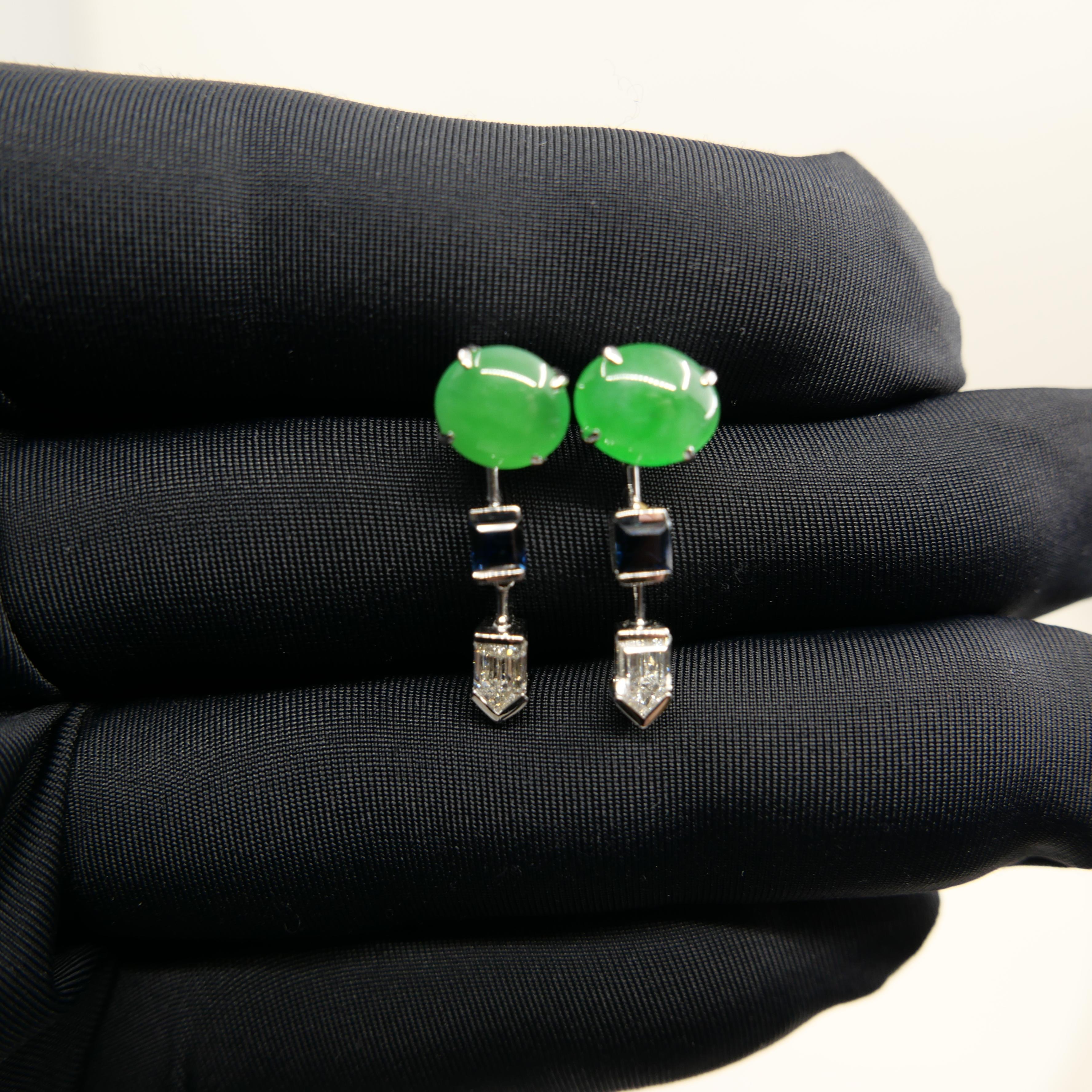 Pendientes de Jadeíta Natural Certificada, Diamante y Zafiro, Verde Manzana en venta 14