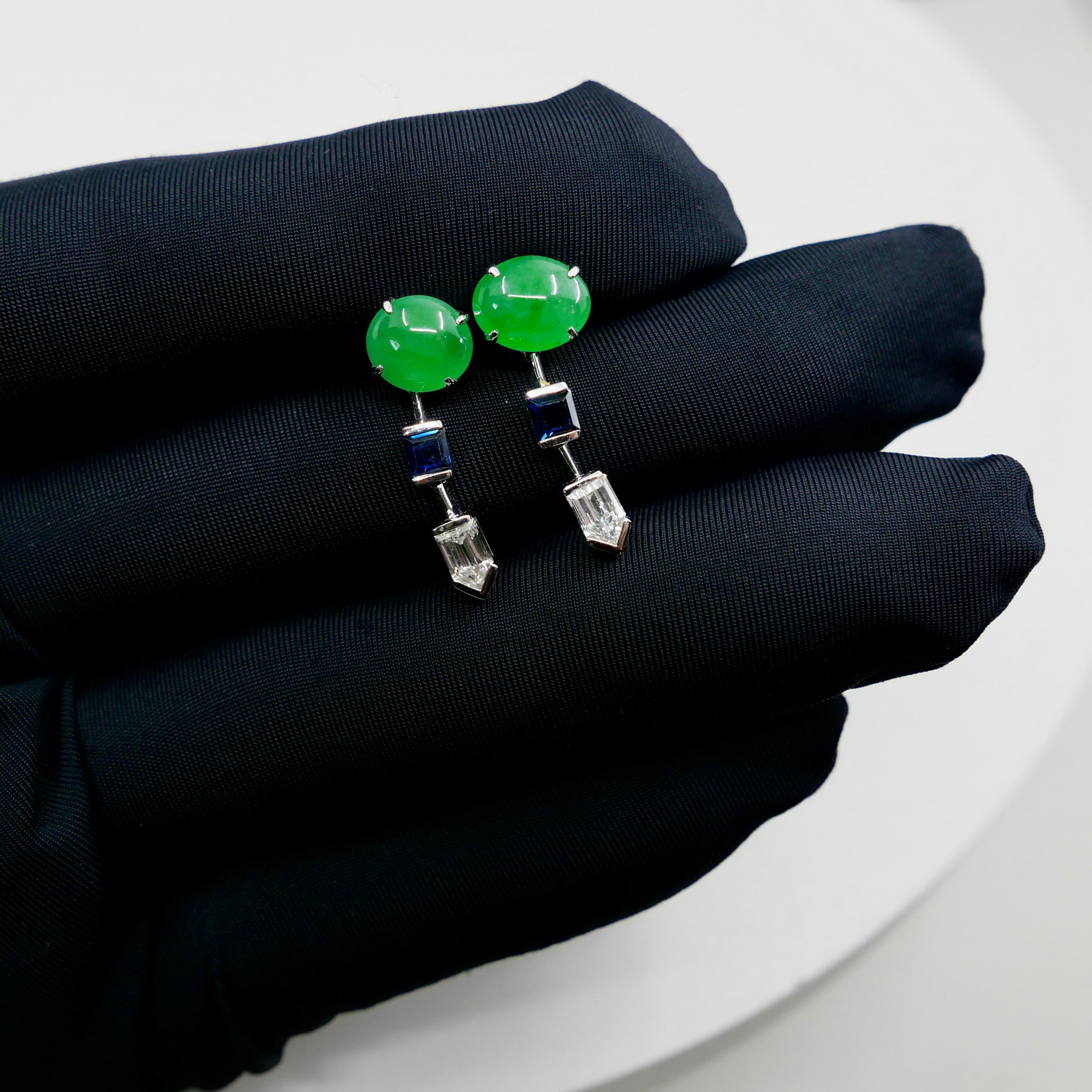 Pendientes de Jadeíta Natural Certificada, Diamante y Zafiro, Verde Manzana en Nuevo estado para la venta en Hong Kong, HK