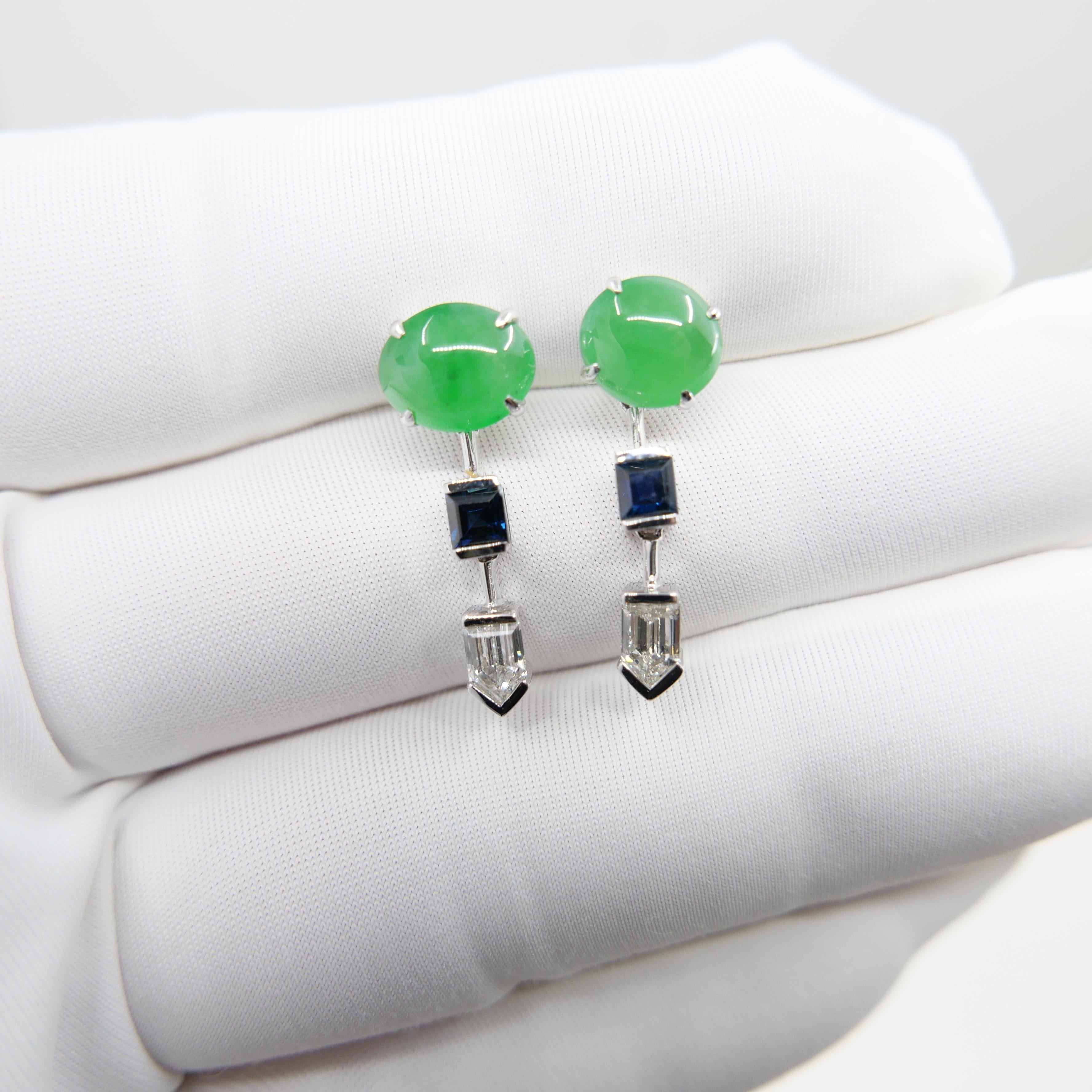 Pendientes de Jadeíta Natural Certificada, Diamante y Zafiro, Verde Manzana en venta 1