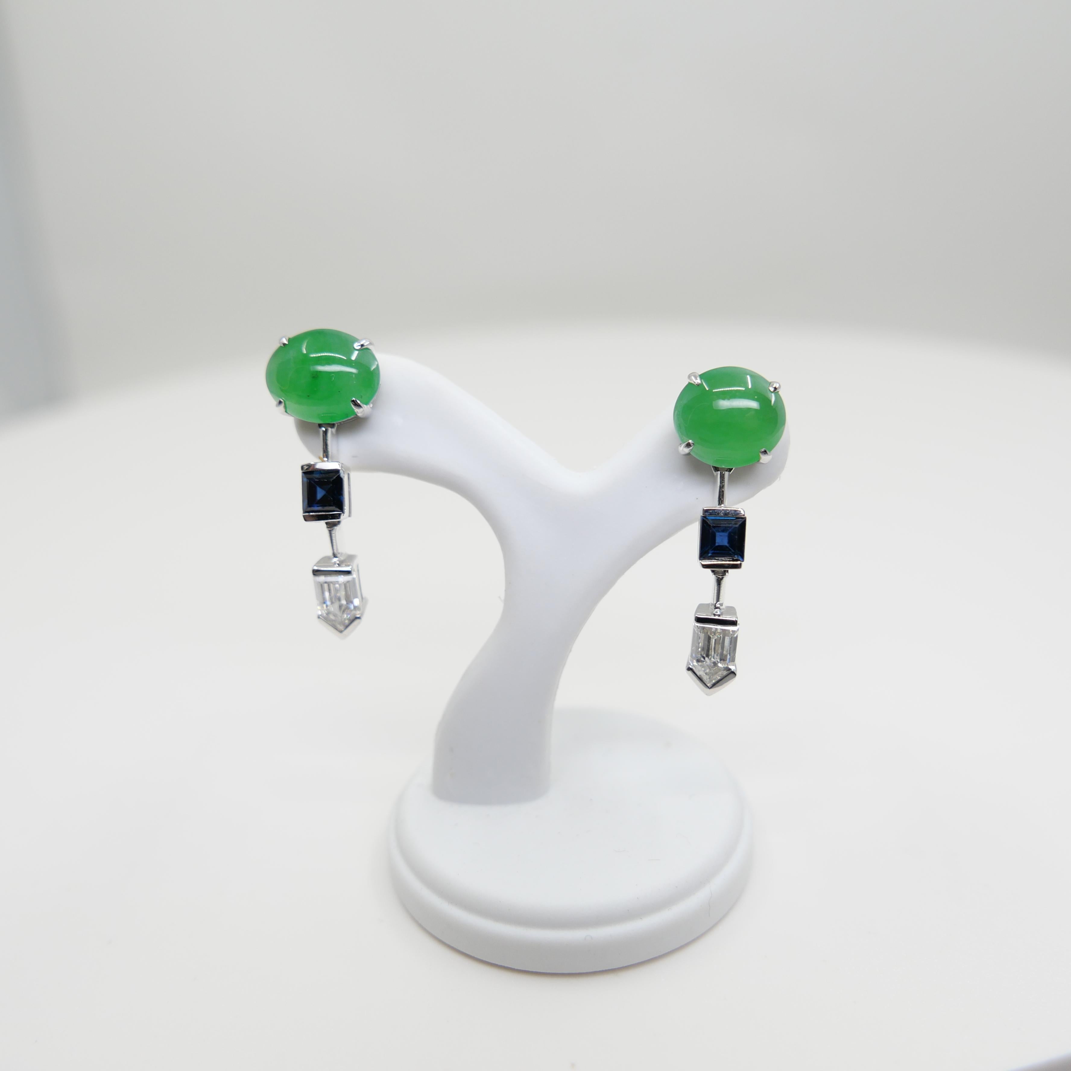 Pendientes de Jadeíta Natural Certificada, Diamante y Zafiro, Verde Manzana en venta 2