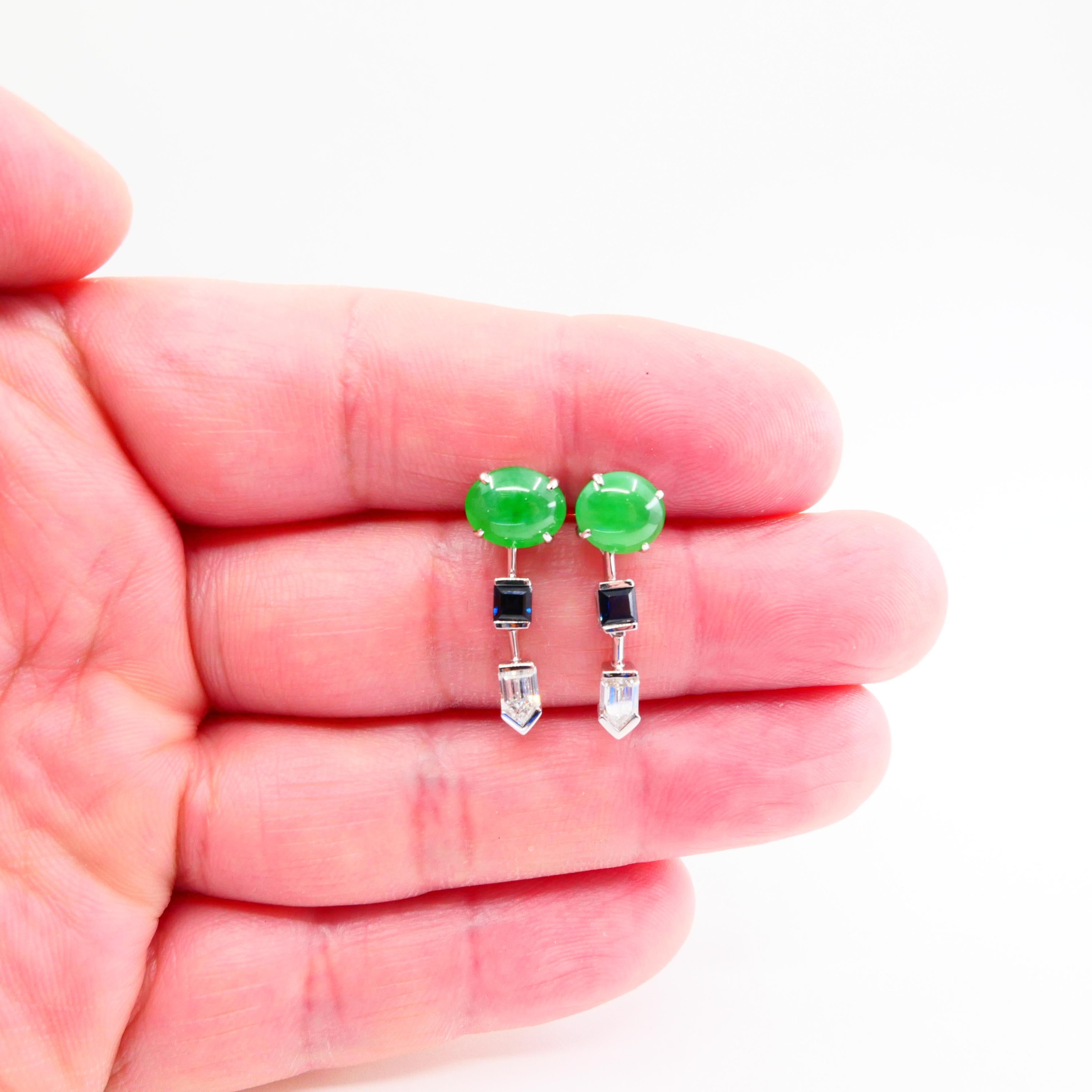 Pendientes de Jadeíta Natural Certificada, Diamante y Zafiro, Verde Manzana en venta 3