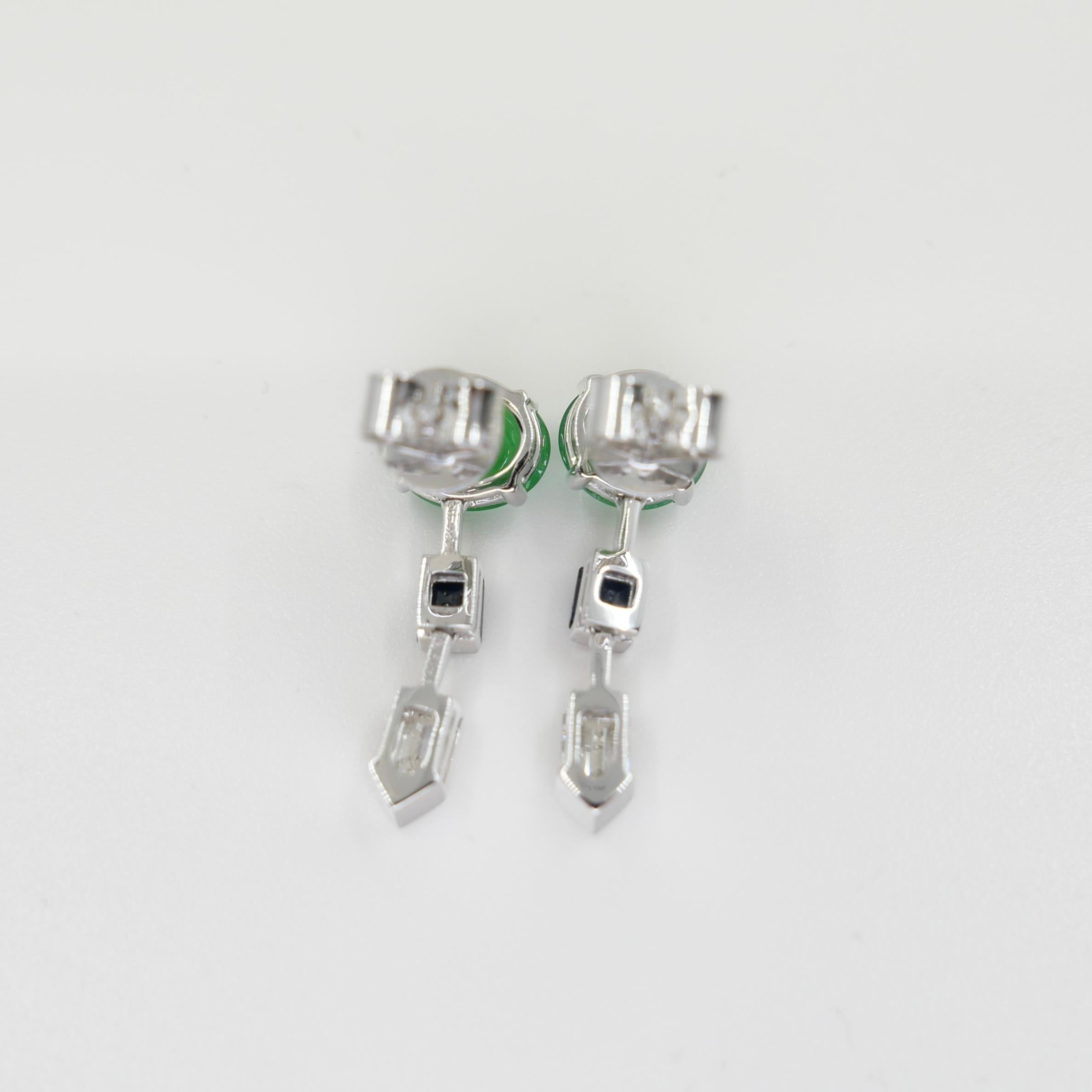 Pendientes de Jadeíta Natural Certificada, Diamante y Zafiro, Verde Manzana en venta 4