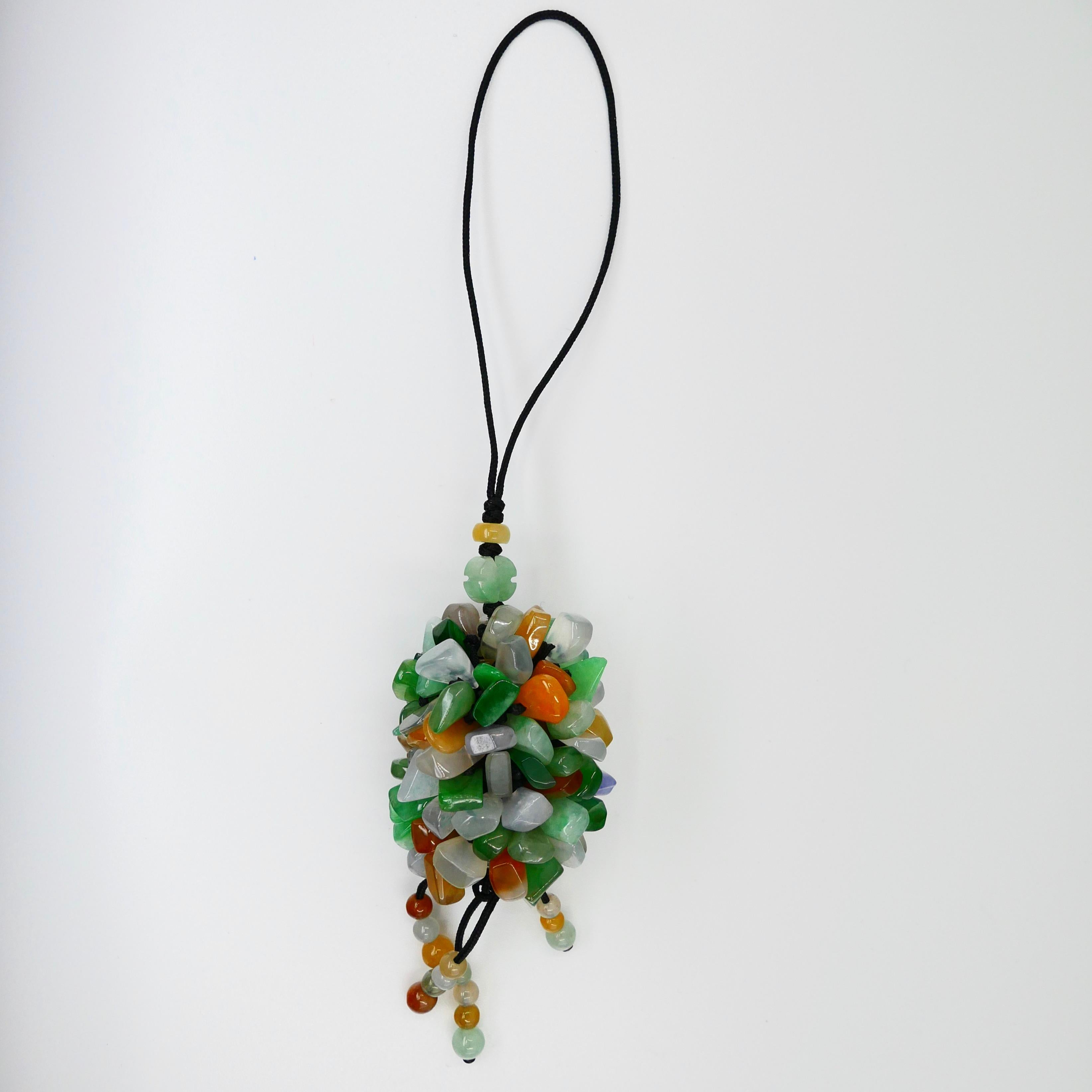Rough Cut Certified Natural Jadeite Jade Drop Pendant Necklace, Handbag Charm, Apple Green For Sale
