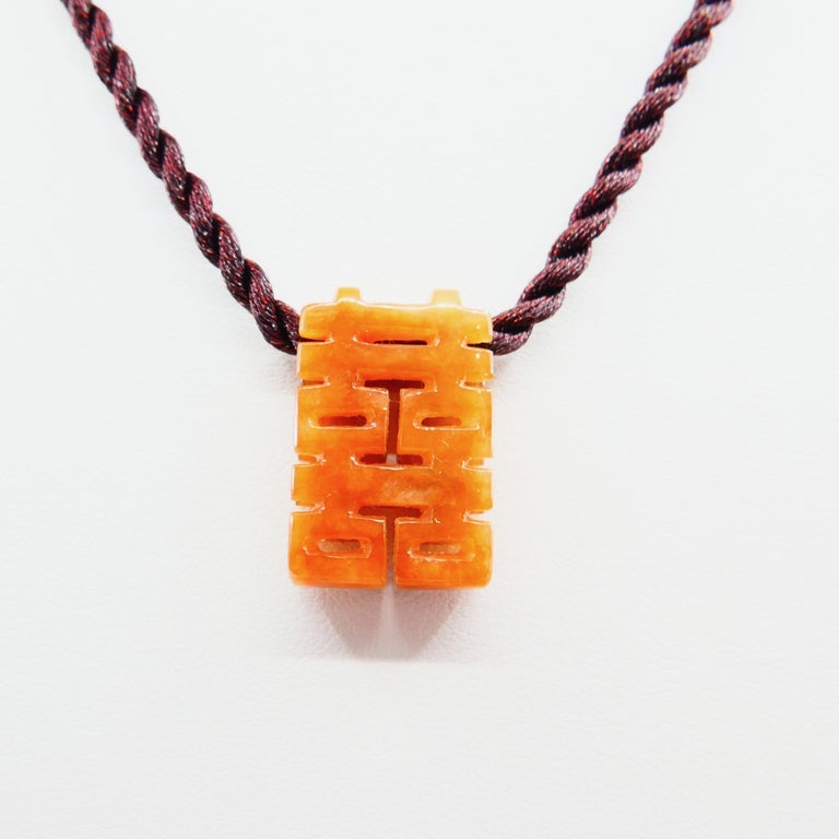 Certified Natural Jadeite Jade Pendant Cord Necklace, Double Happiness