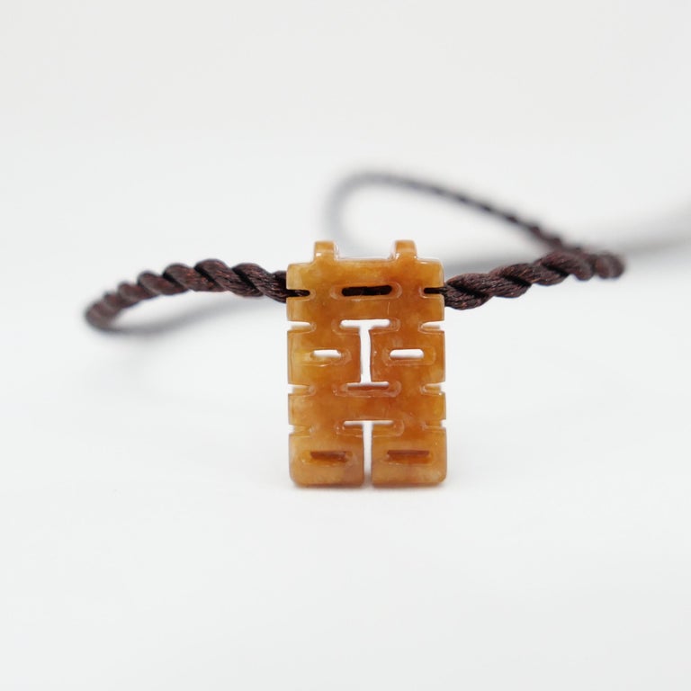 Certified Natural Jadeite Jade Pendant Cord Necklace, Double Happiness