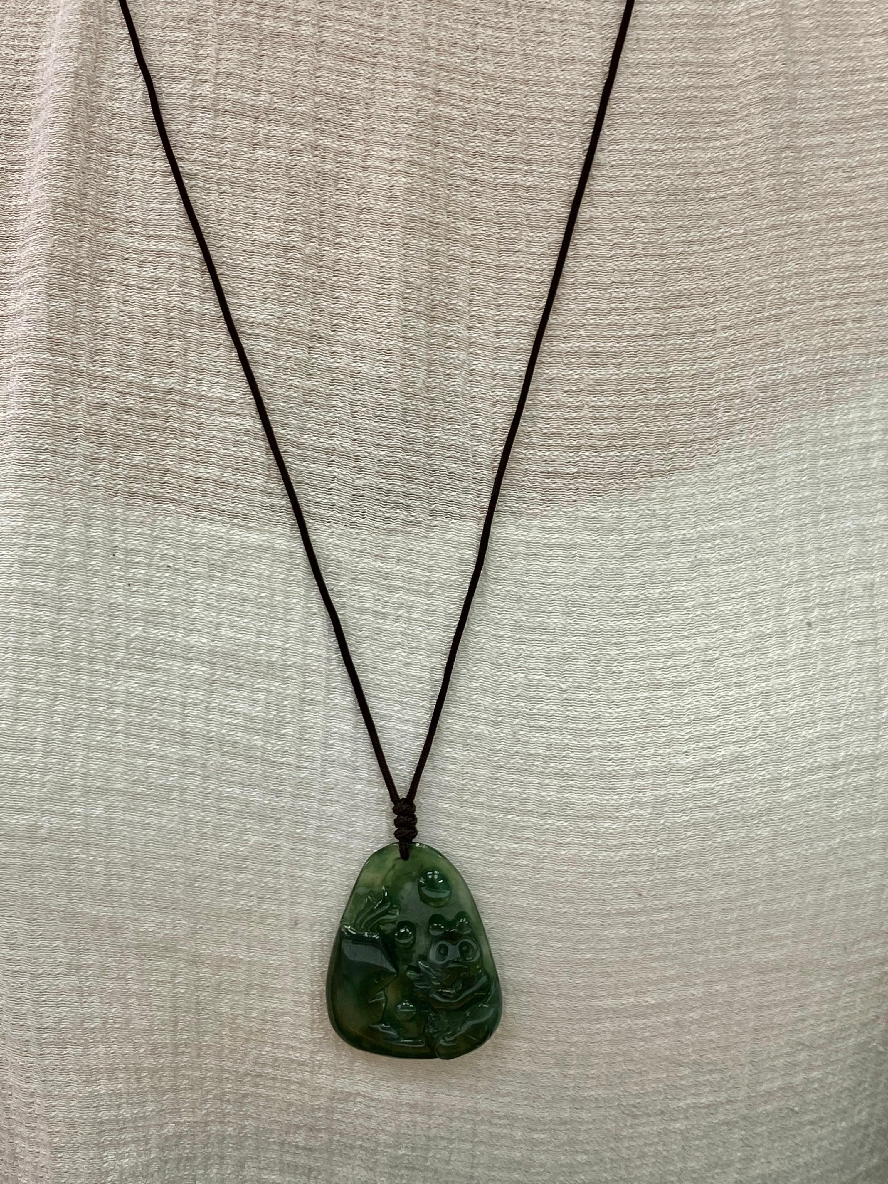 Certified Natural Jadeite Jade Pendant Necklace, Panda & Bamboo, Adjustable Cord For Sale 1
