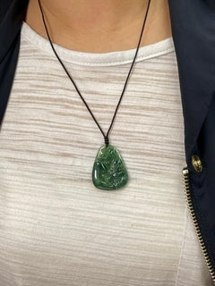 Certified Natural Jadeite Jade Pendant Necklace, Panda & Bamboo, Adjustable Cord