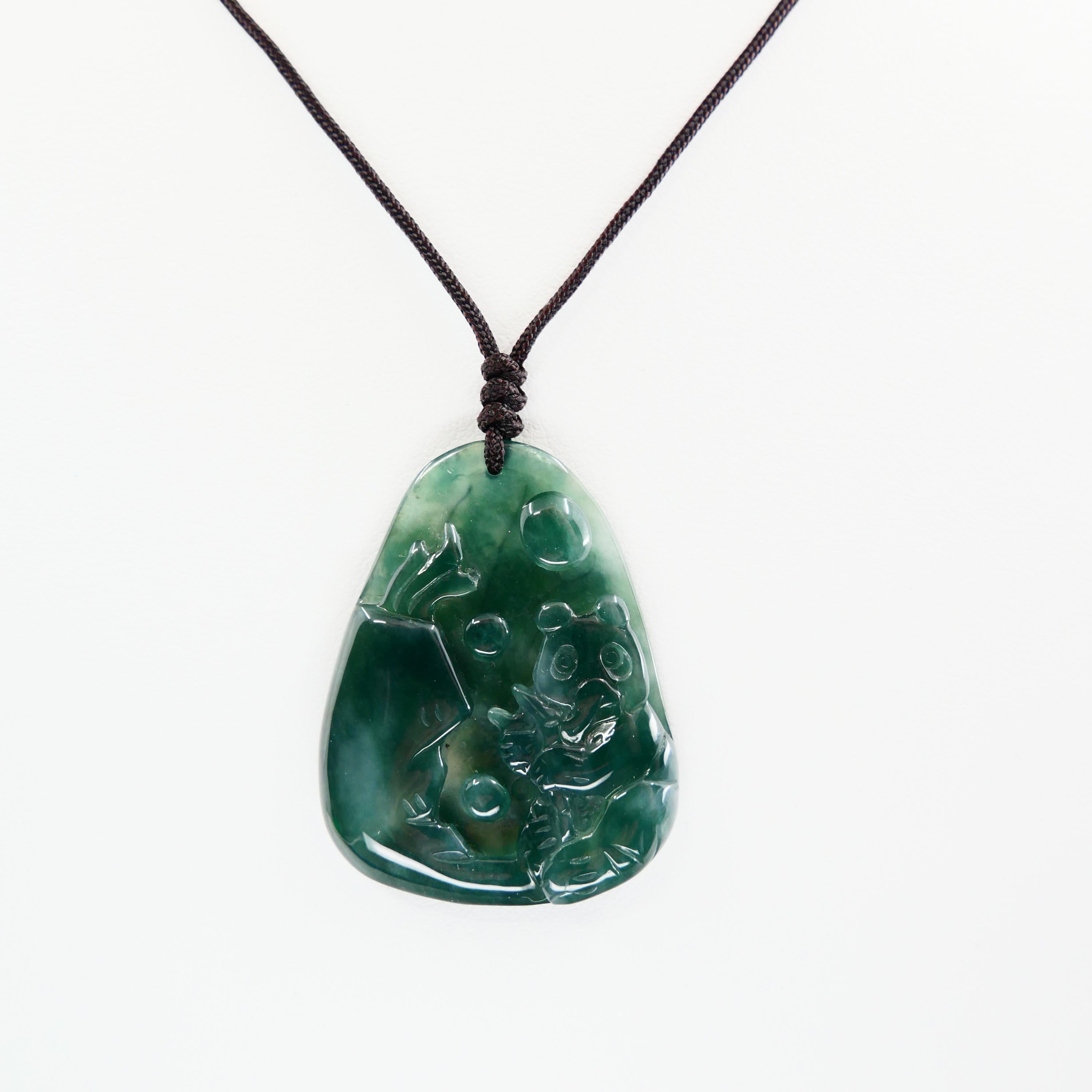 Certified Natural Jadeite Jade Pendant Necklace, Panda & Bamboo, Adjustable Cord In New Condition For Sale In Hong Kong, HK