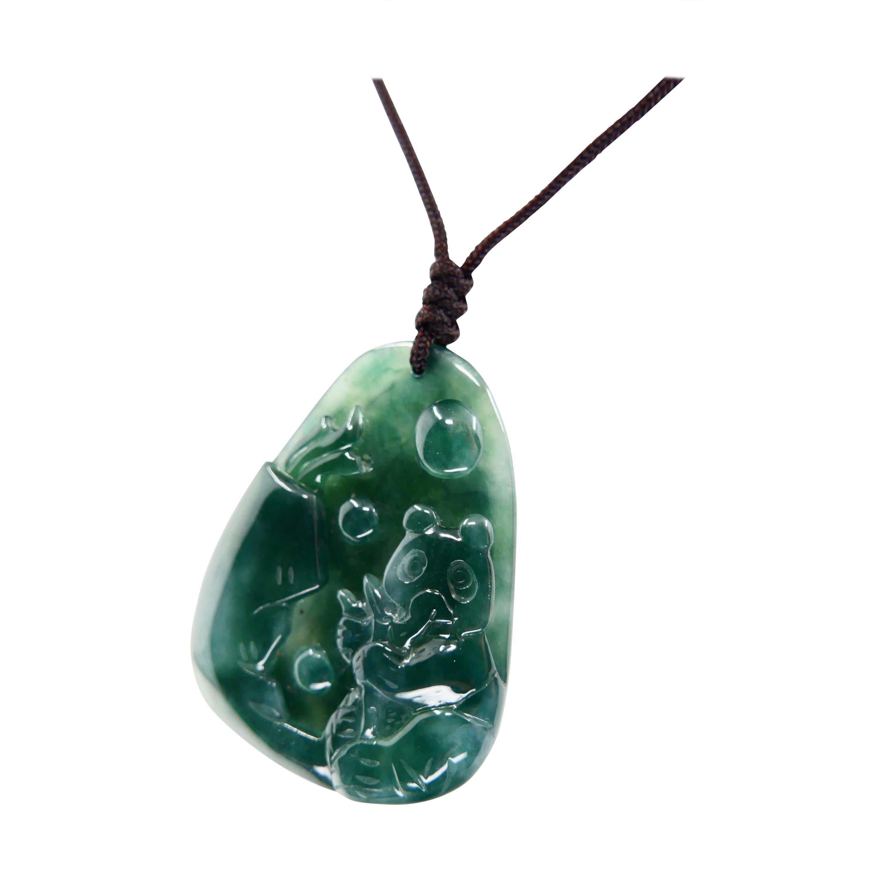 Certified Natural Jadeite Jade Pendant Necklace, Panda and Bamboo ...