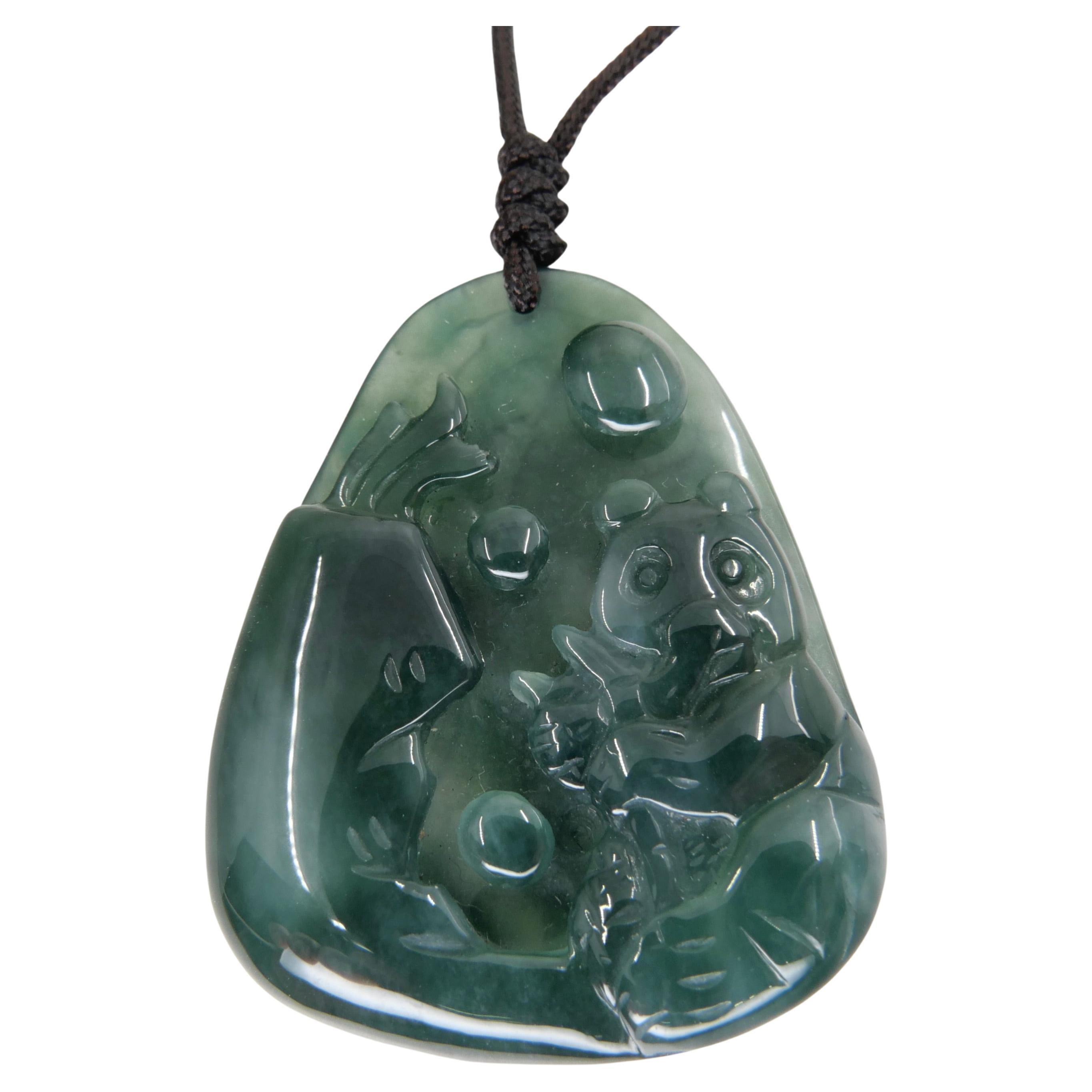 Certified Natural Jadeite Jade Pendant Necklace, Panda & Bamboo, Adjustable Cord