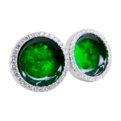 Certified Natural Jadeite Type A Jade and Diamond Earrings, Spinach Green Color