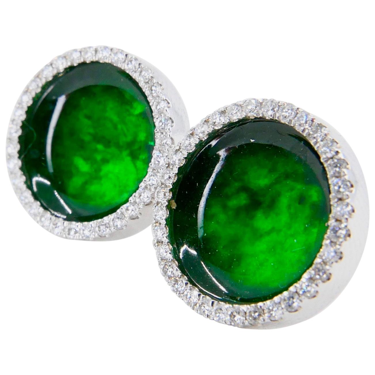 Round Cut Certified Natural Jadeite Type A Jade and Diamond Earrings, Spinach Green Color