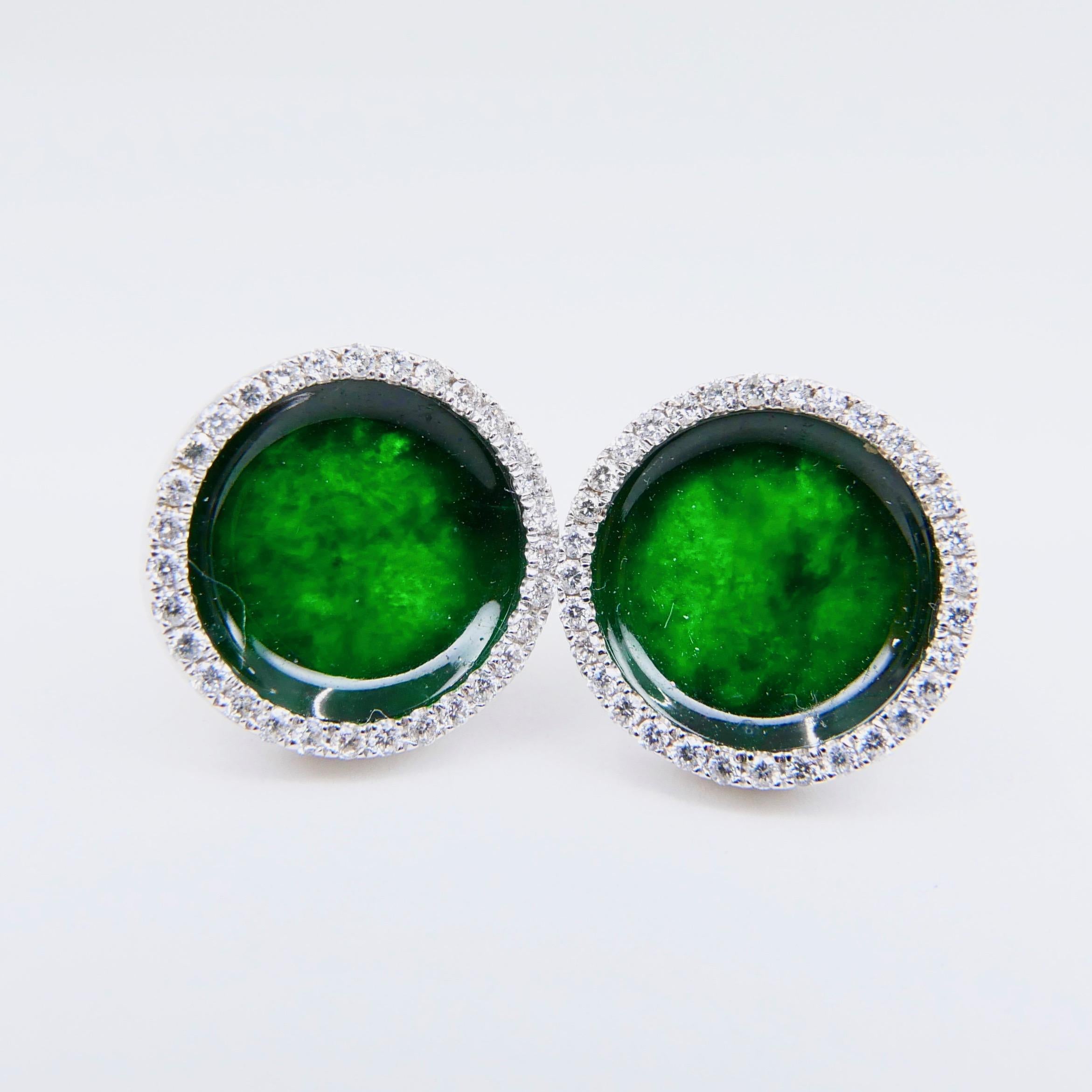 Certified Natural Jadeite Type A Jade and Diamond Earrings, Spinach Green Color In New Condition In Hong Kong, HK
