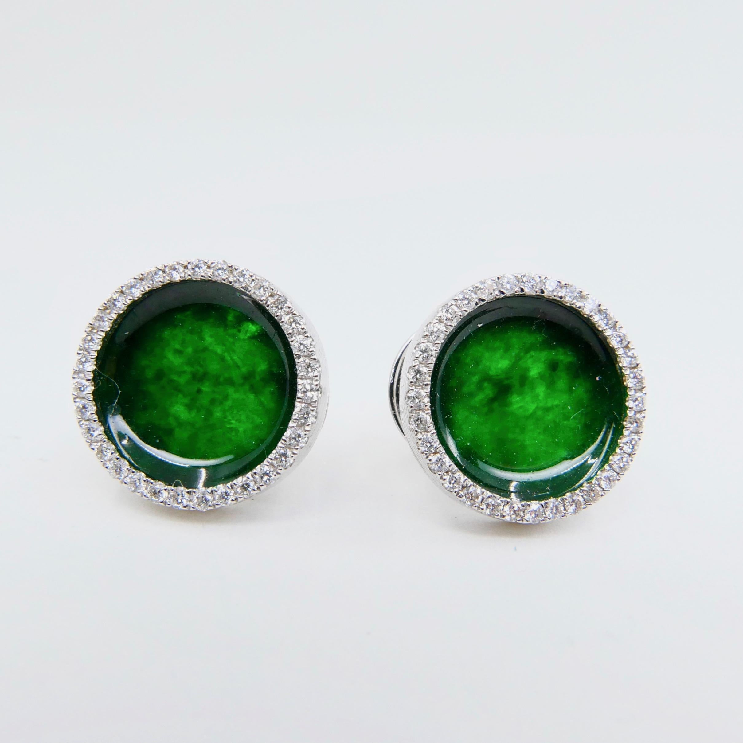 Women's Certified Natural Jadeite Type A Jade and Diamond Earrings, Spinach Green Color