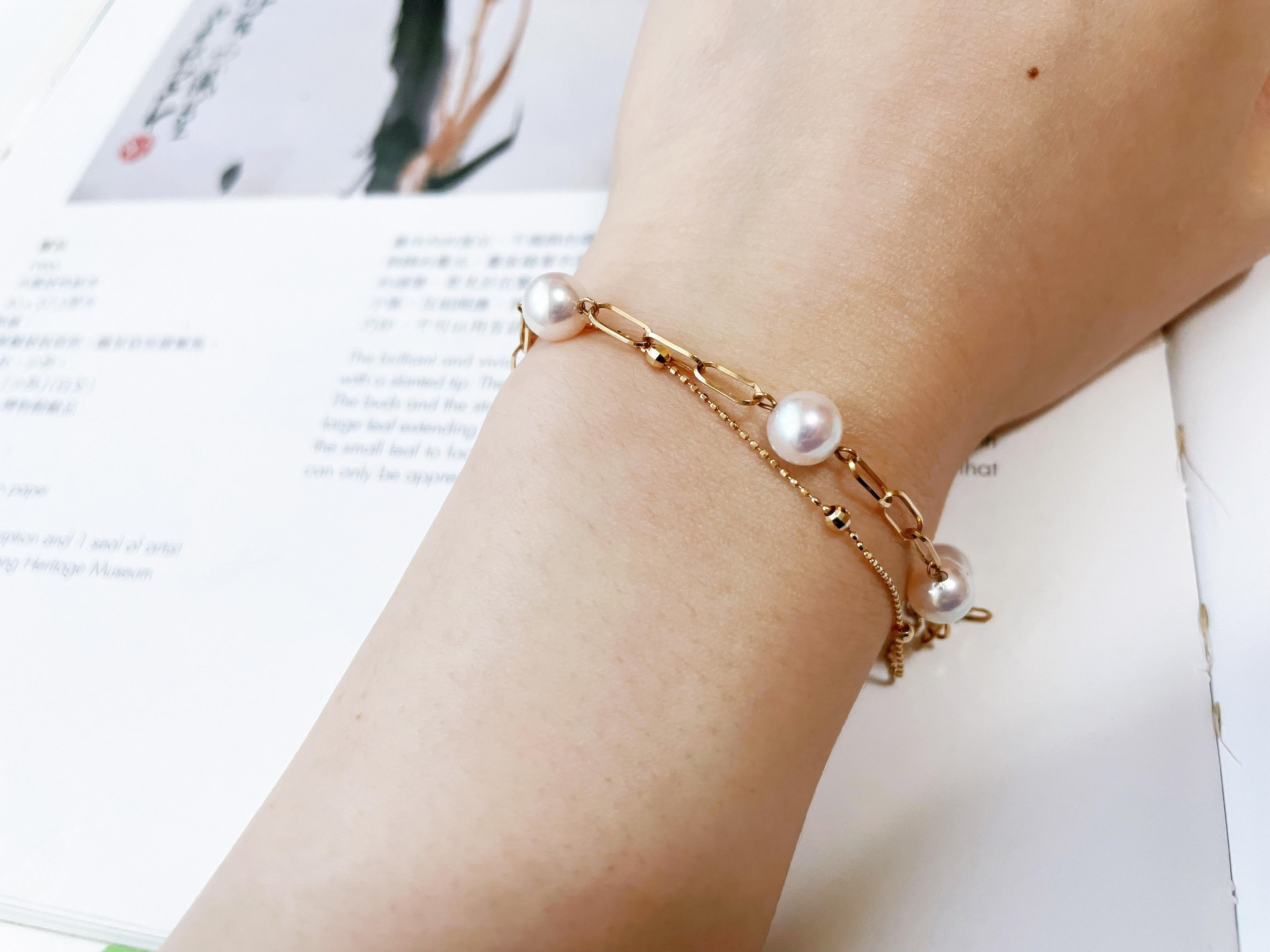 Certified Natural Japan Akoya Pearl Double Layer Bracelet in 18K Gold For Sale 5