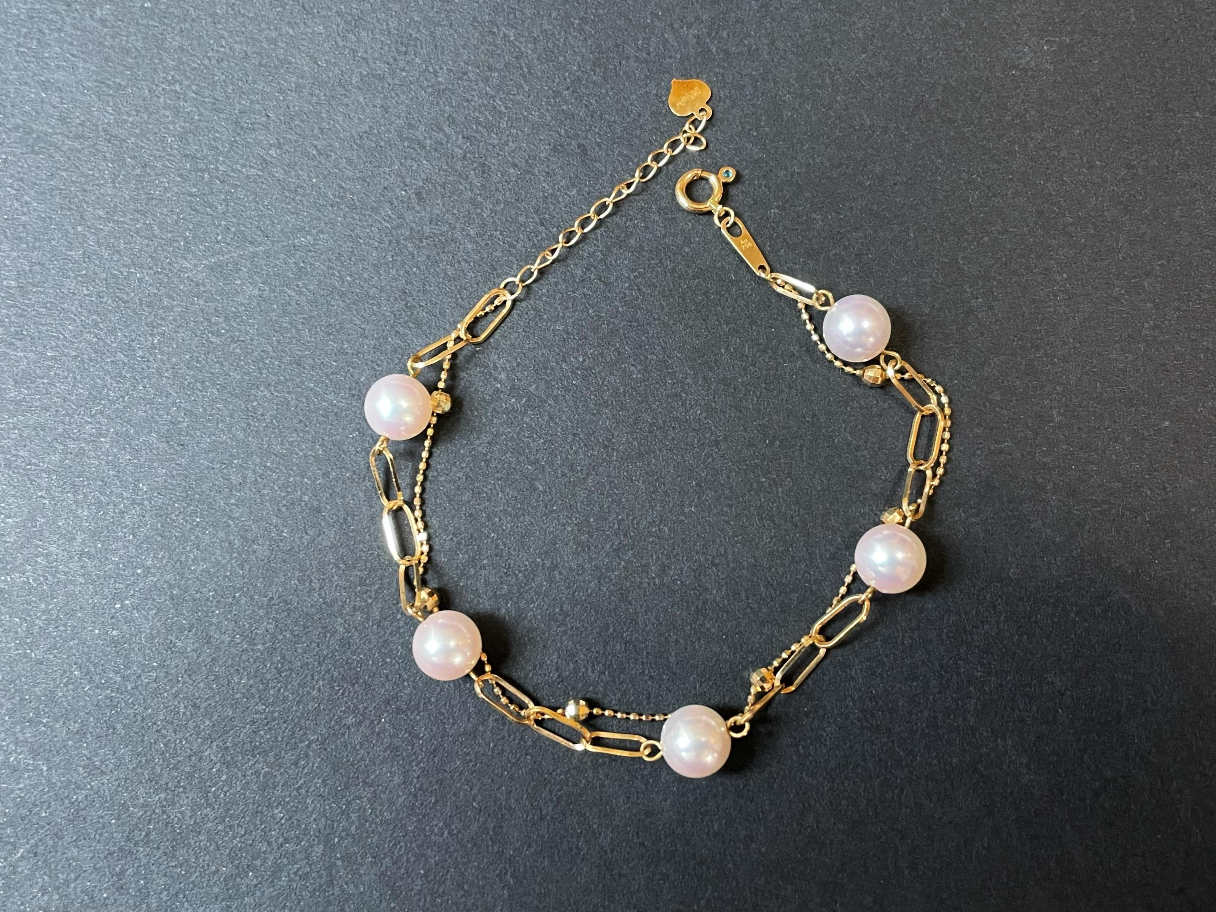 Art Deco Certified Natural Japan Akoya Pearl Double Layer Bracelet in 18K Gold For Sale