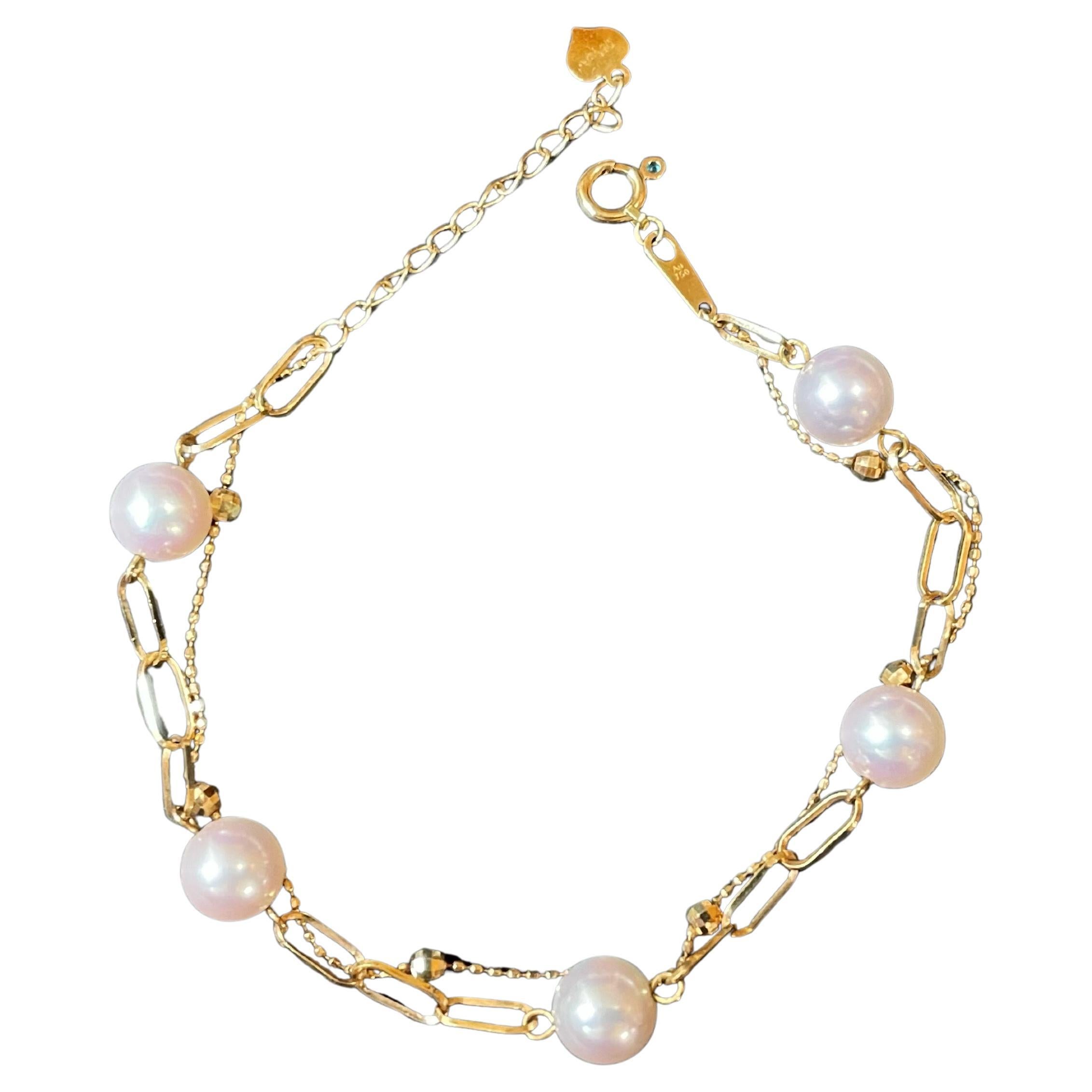 Certified Natural Japan Akoya Pearl Double Layer Bracelet in 18K Gold
