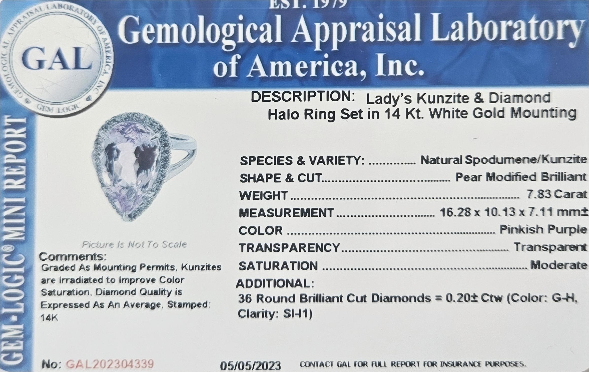 NEW CERTIFIED Natural Kunzite 7.83 Ct and Diamond Ring in 14k White Gold For Sale 3
