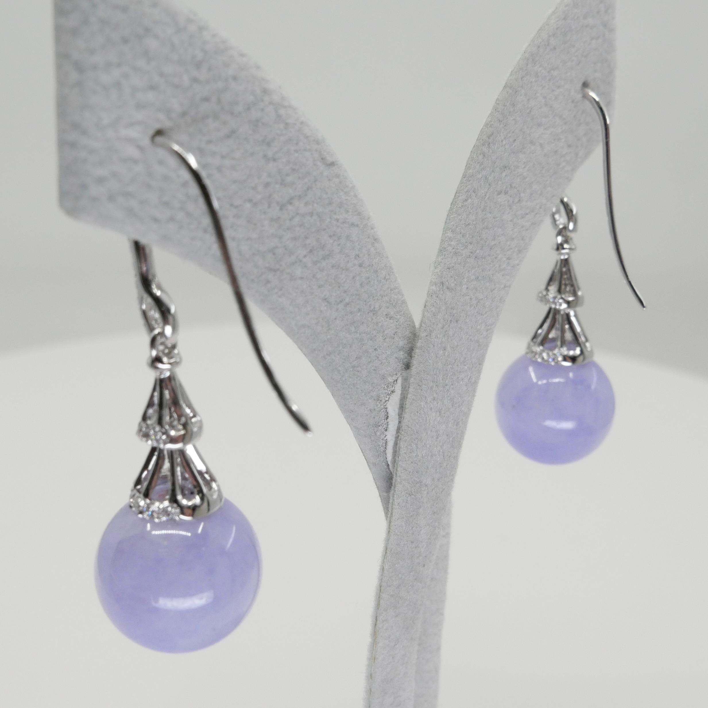 Certified Natural Lavender Jade Beads & Diamond Drop Earrings. Exquisite. 7
